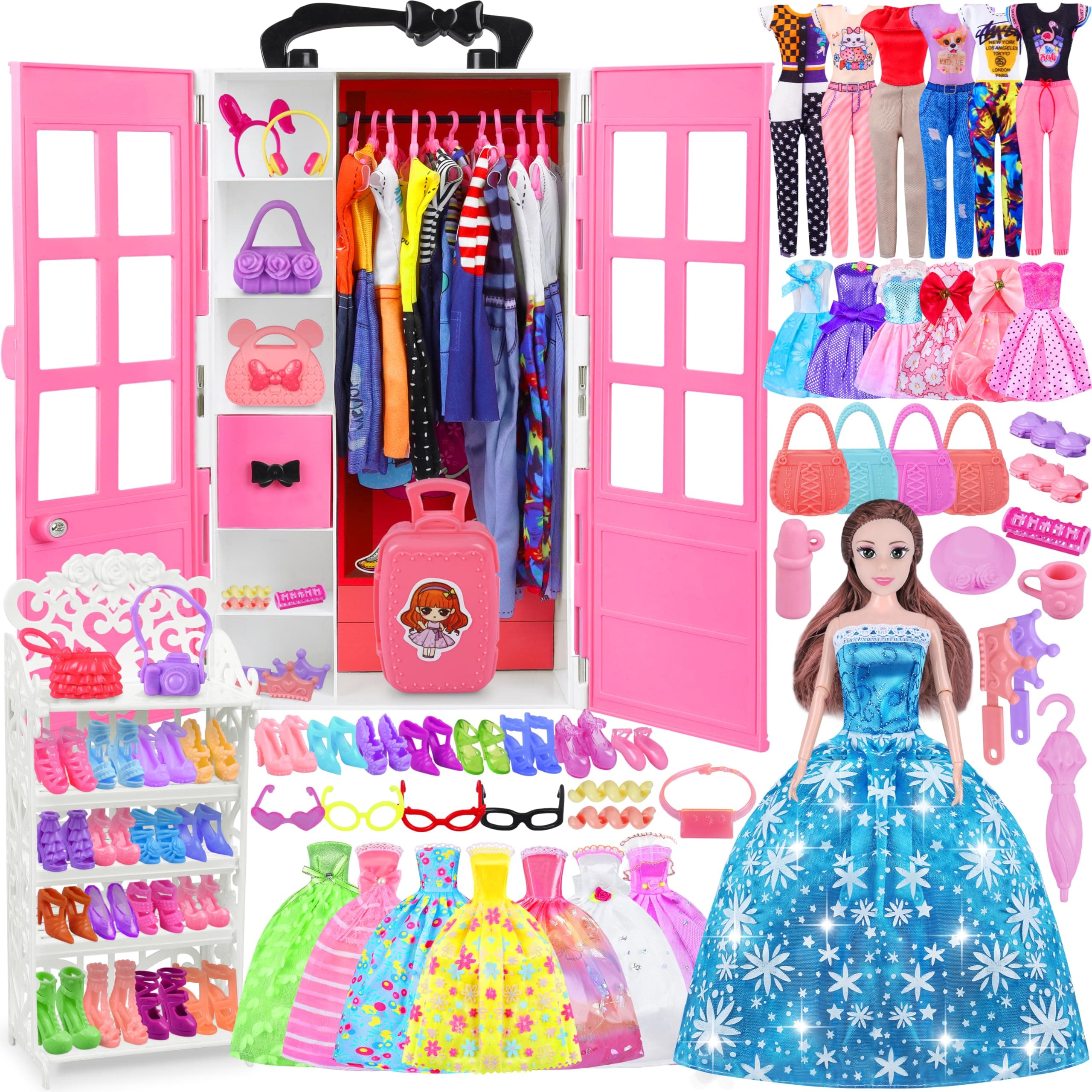 150+ Pcs Doll Clothes and Accessories with Closet (Include Doll),Princess Gowns Dresses,Clothing,Pants,Swimsuits Shoes Hangers and Accessories Doll Dress up Toy Gifts for 3+ Year Old Girls Kid Toddler