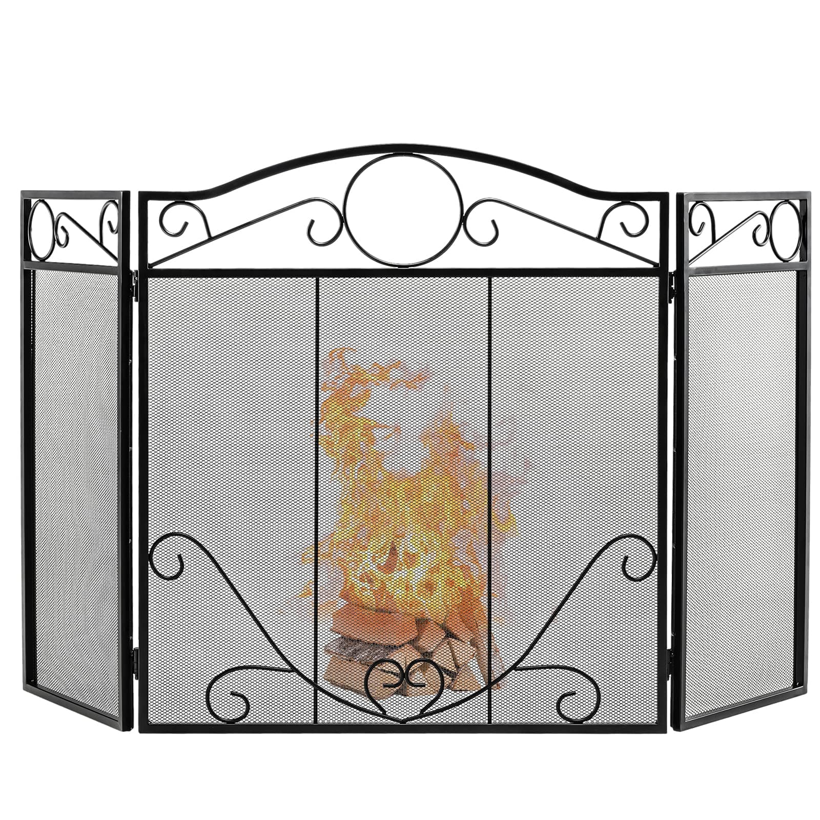 COSTWAY 3 PCS Folding Iron Fire Panel, Spark Flame Barrier with Leaves Decoration, Wide Metal Mesh Safety Fire Place Guard for Wood and Coal Firing, Stoves, Grills (Scrollwork Pattern, 127x73cm)