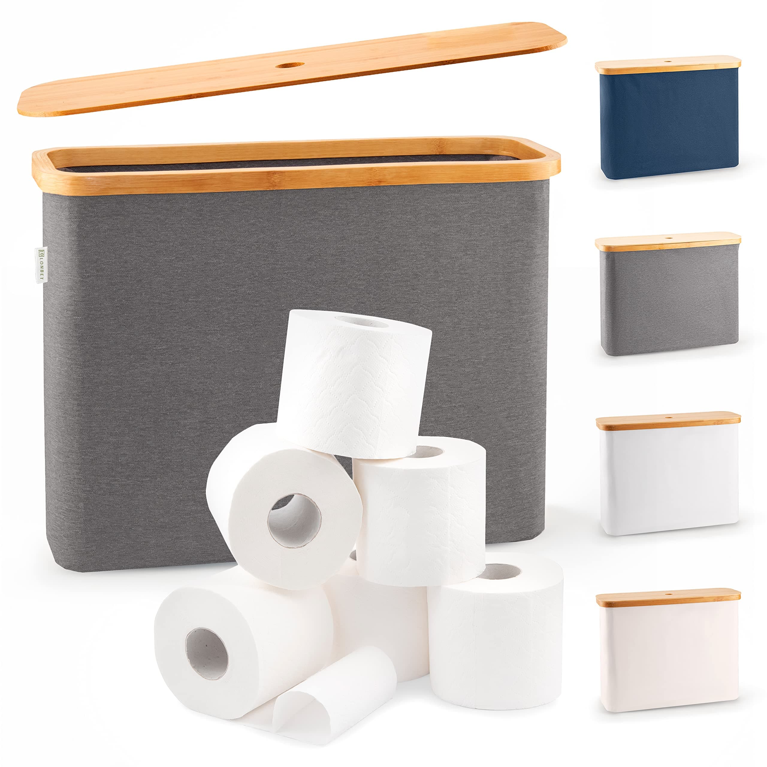 LONBET Toilet Roll Storage for 12 Rolls, Stackable & Foldable - The Ultimate Bathroom Organizer - Waterproof Toilet Paper Storage with Bamboo Lid - Elegant Toilet Roll Basket, Gray
