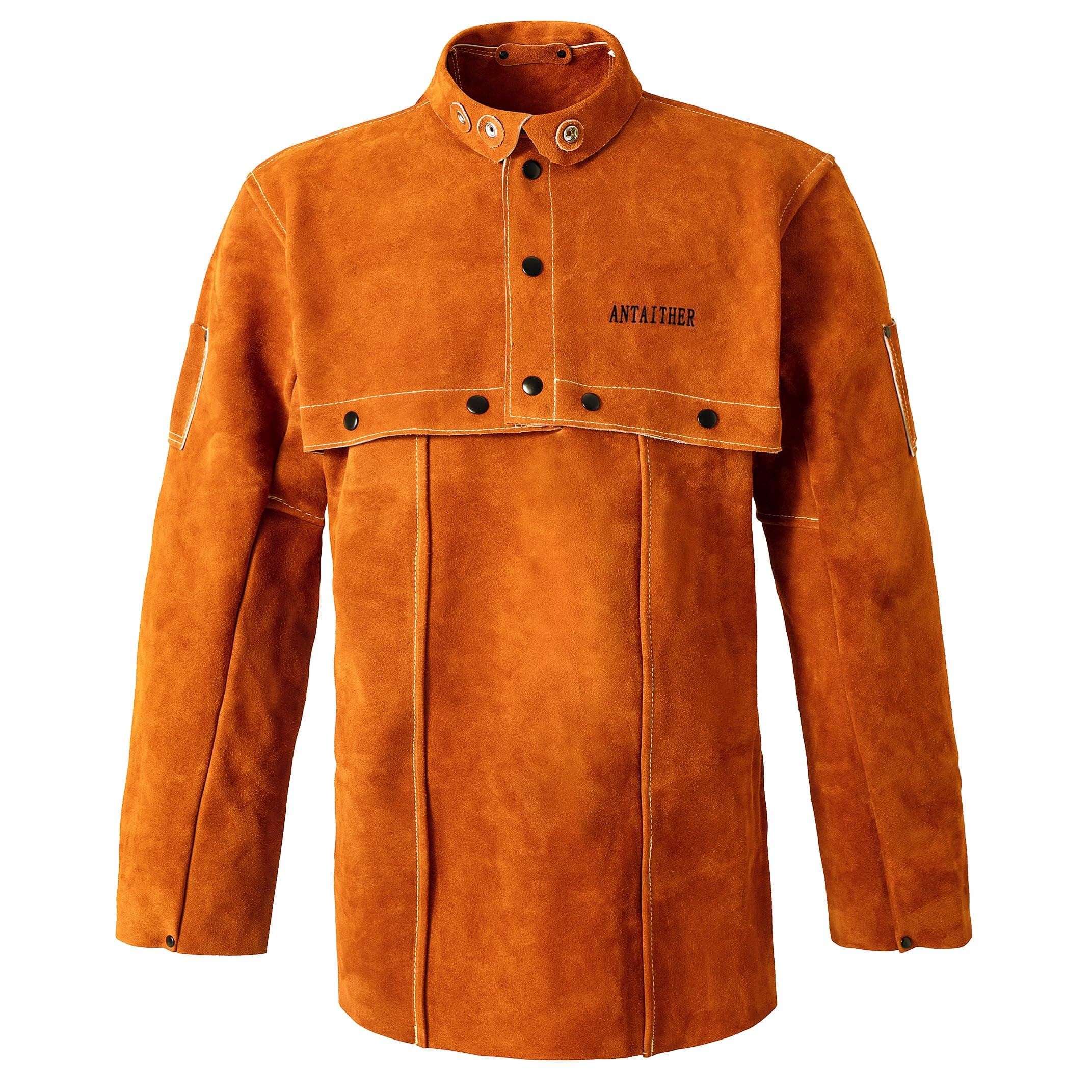 Leather Welding Jacket with Open Back, Bib Apron with Cape Sleeve, Heat Flame Resistant Welder Coat