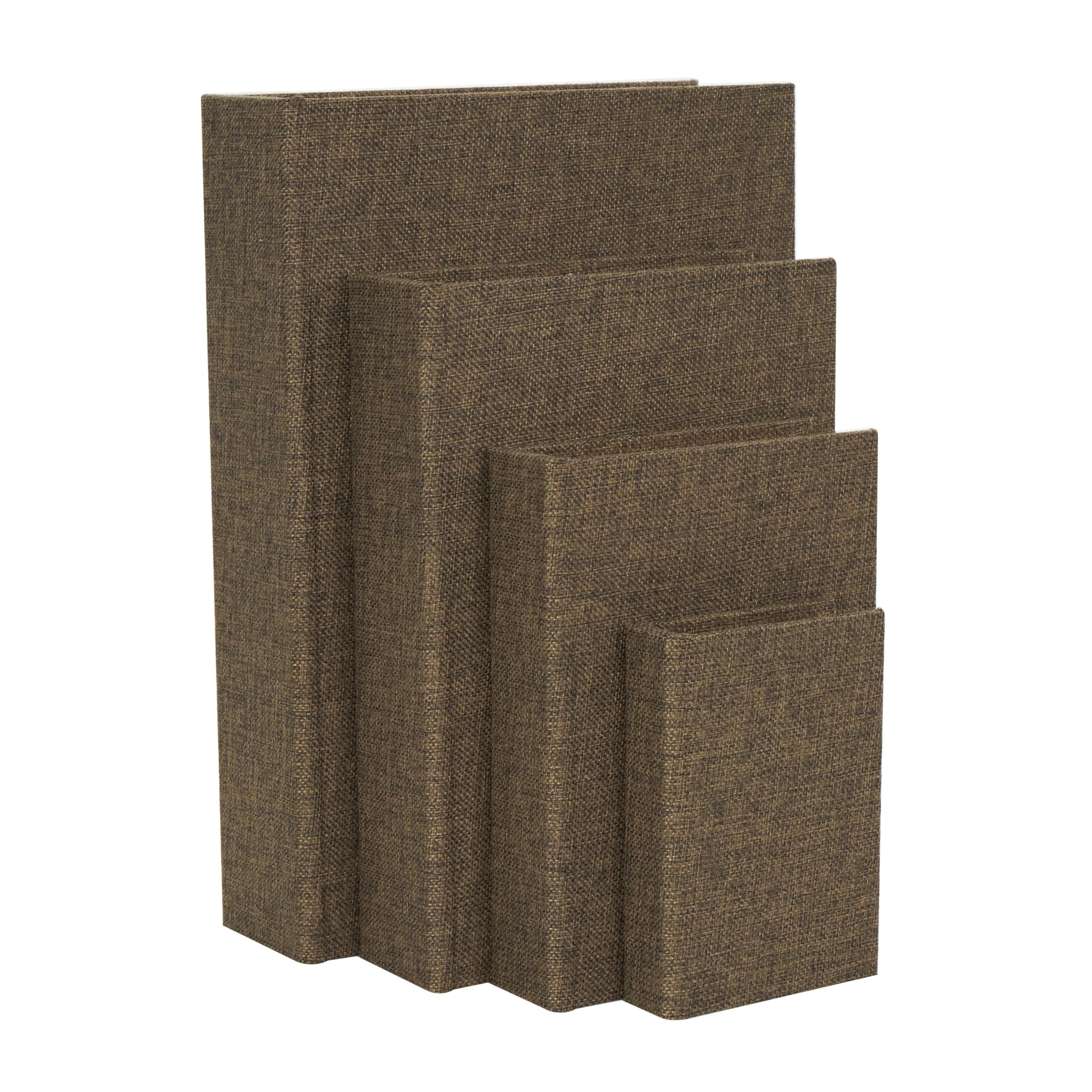 Deco 79 Wooden Decorative Box Fabric Storage Book Shaped Boxes, Set of 4 Decorative Keepsake Boxes 15", 12", 9", 6" H, Dark Brown