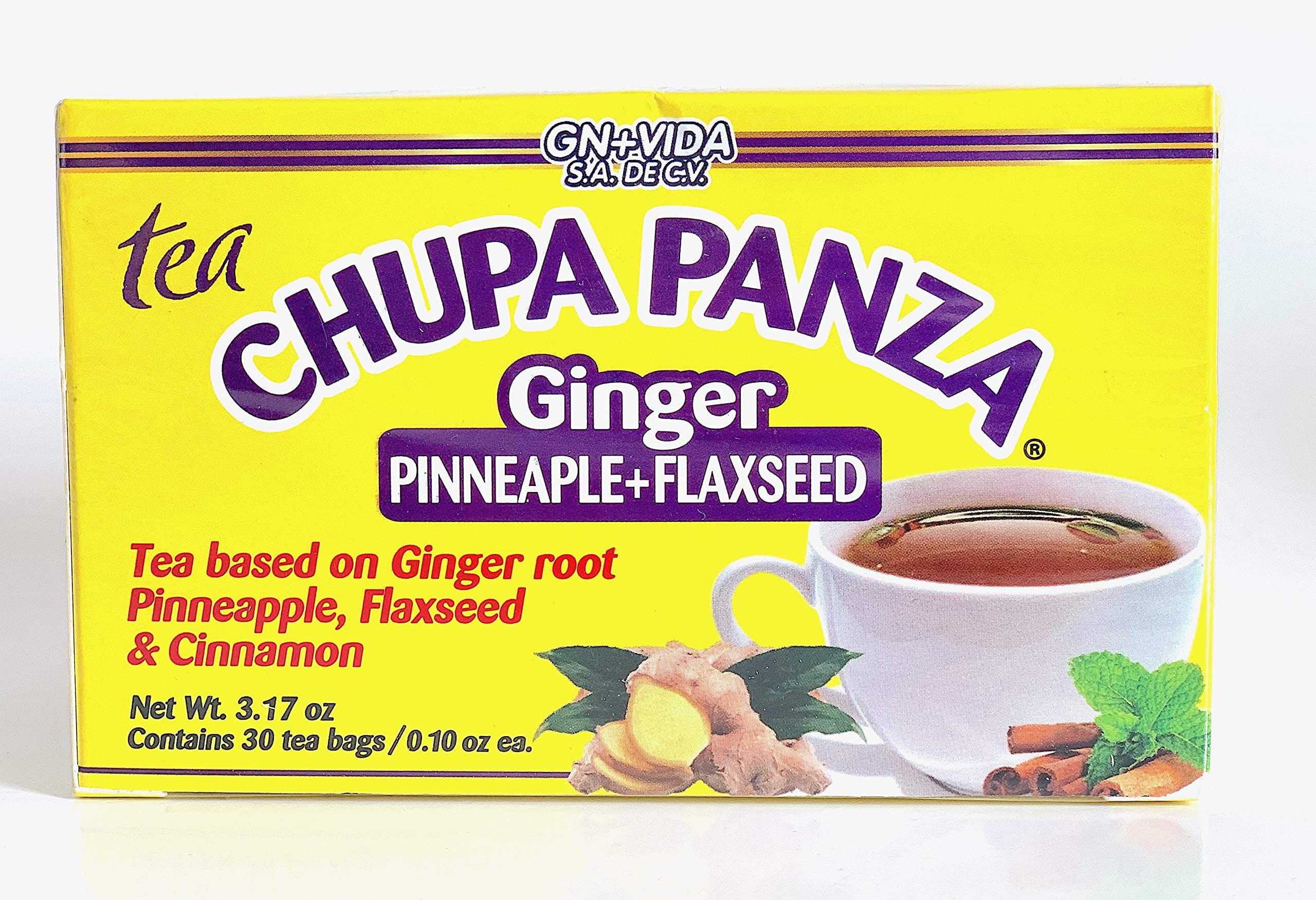 GN+Vida Tea CHUPA Panza, Tea Based ONGINGER Root, PINNEAPPLE, Flaxseed & Cinnamon (30 Tea Bags/0.10 oz Each)