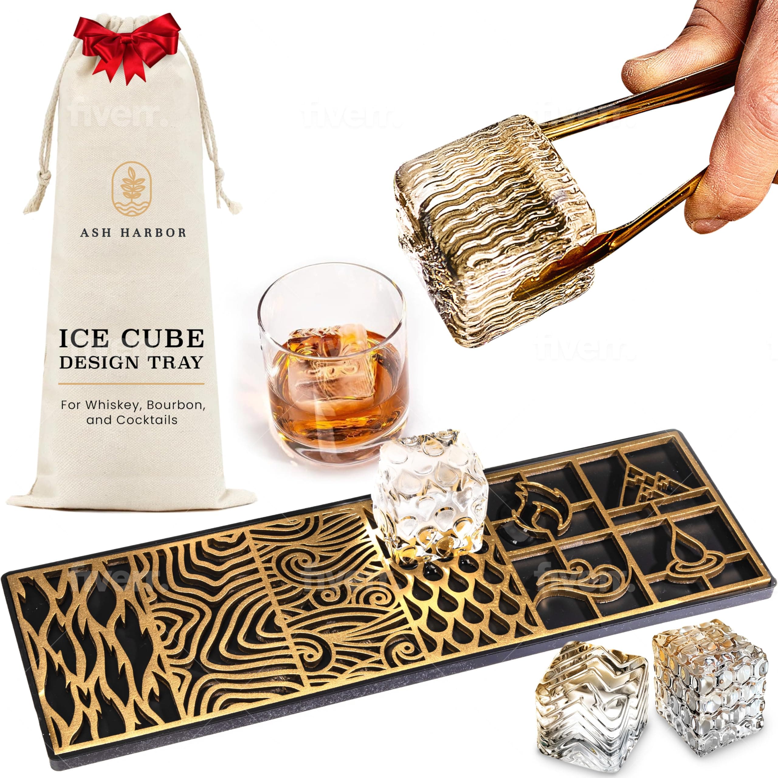 Clear Ice Cube Maker Design Tray - Craft Modern Ice Molds for Bourbon & Cocktails in 5 Seconds - Whiskey Mold Cube Stamp – Bartender Accessories - Copper Ice Press Cocktails by Ash Harbor (Elements)