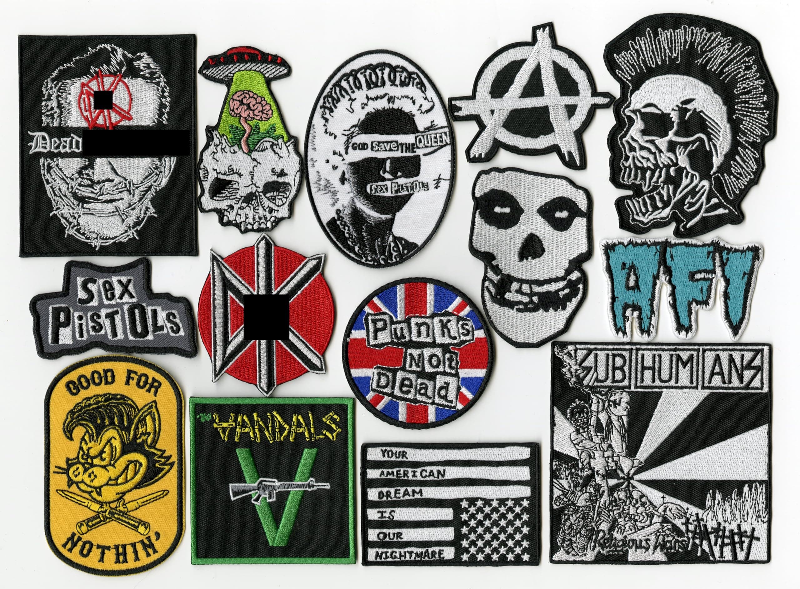 Nixon Thread Co. 14pc Punks Not Dead Patch Set | Dead Kennedys | Misfits | The Vandals | Anarchy | AFI | SUBHUMANZ | Metal Skull | Small Embroidered Band Patches -