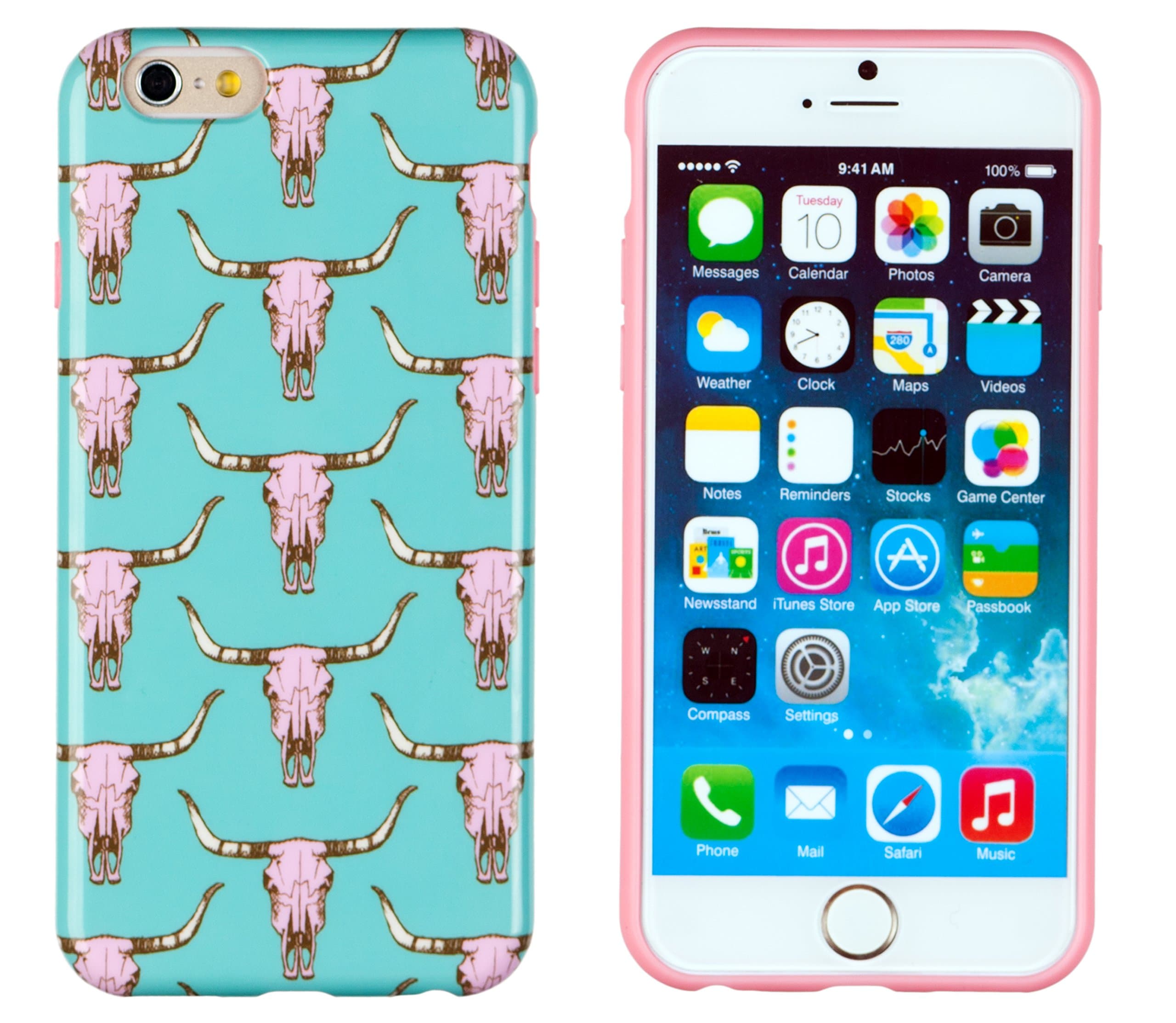 iPhone 6 Plus + Case, DandyCase Perfect Pattern *No Chip/No Peel* Flexible Slim TPU Case Cover for Apple iPhone 6 Plus (5.5" Screen) [Turquoise & Pink Longhorn Skulls]