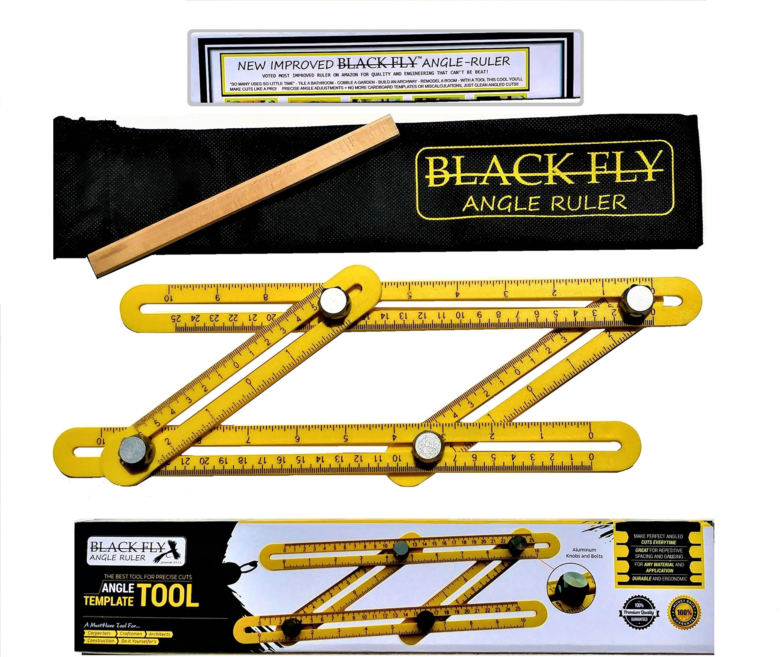 IMPROVED Black Fly Angle Finder GIFT SET! Maxform Easy Angle Ruler, Angleizer Angle Template Tool, M6 Aluminum Knobs & STRONG Graphite Arms, BONUS Carpenters Pencil, Tool Bag, Instructions & Gift Box!