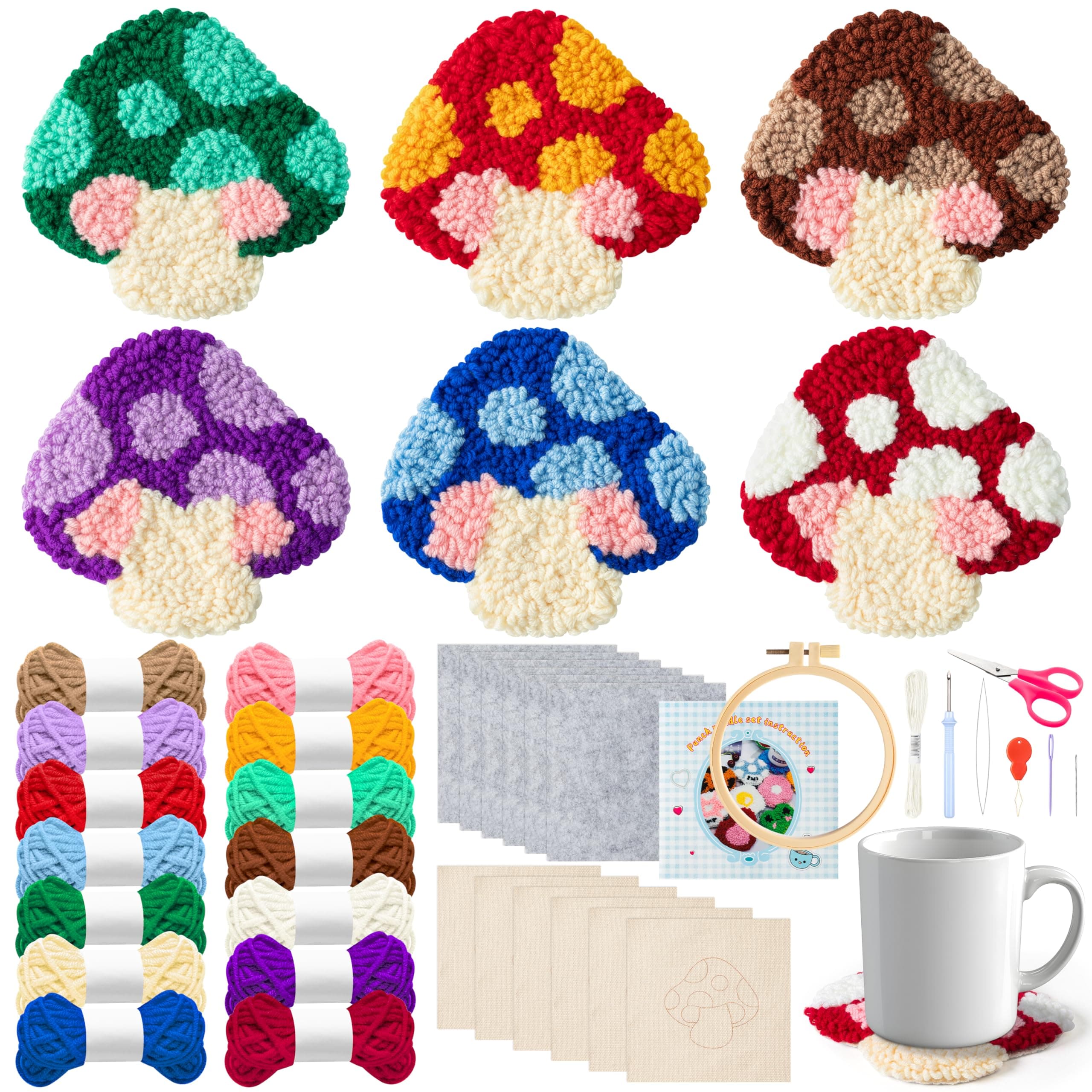 WATINC Punch Needle Coaster Kit - 22PCS Easy Art Work Decor Coasters Kits for Beginners DIY Mushroom Pattern Tufted Rug Pads with Adhesive Felt Yarns Embroidery Hoop Instruction 6 Set