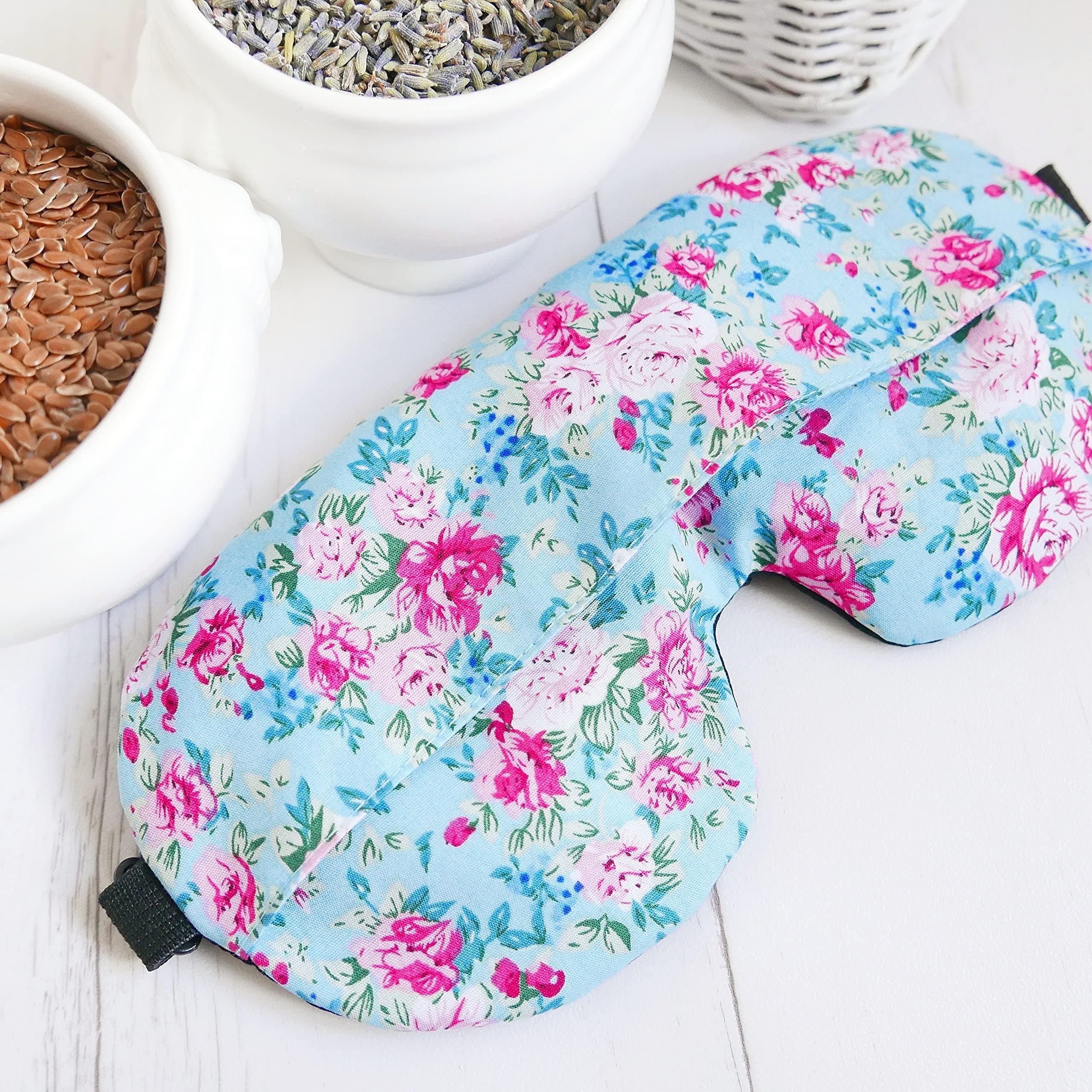 Organic Weighted Sleep Eye patch, ROSES ON BLUE, Removable inner bag, Aromatherapy Lavender & Flaxseed, Washable Cover,Adjustable