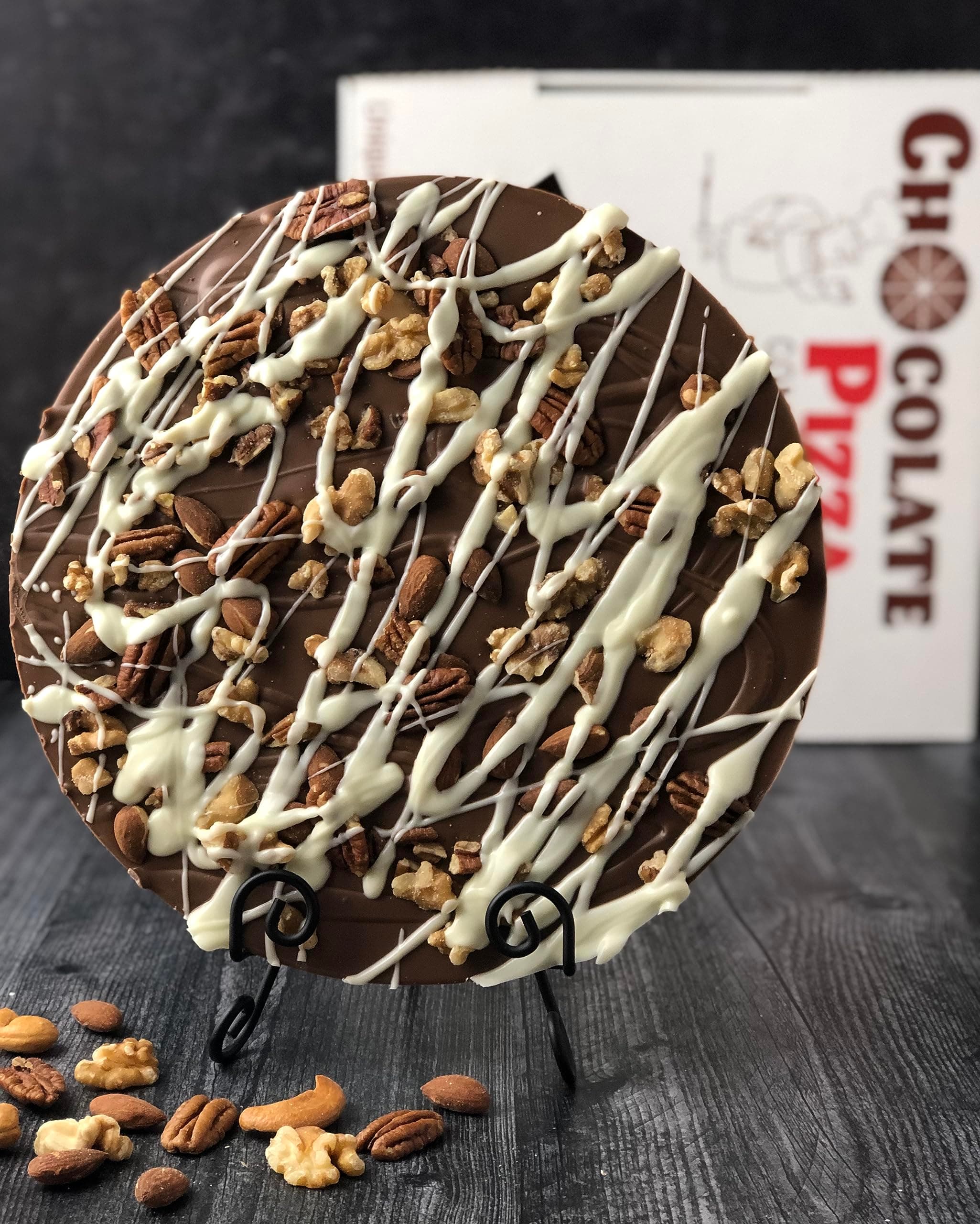 Chocolate Pizza® topped with pecans, almonds, walnuts (16 oz, 10") Made in USA
