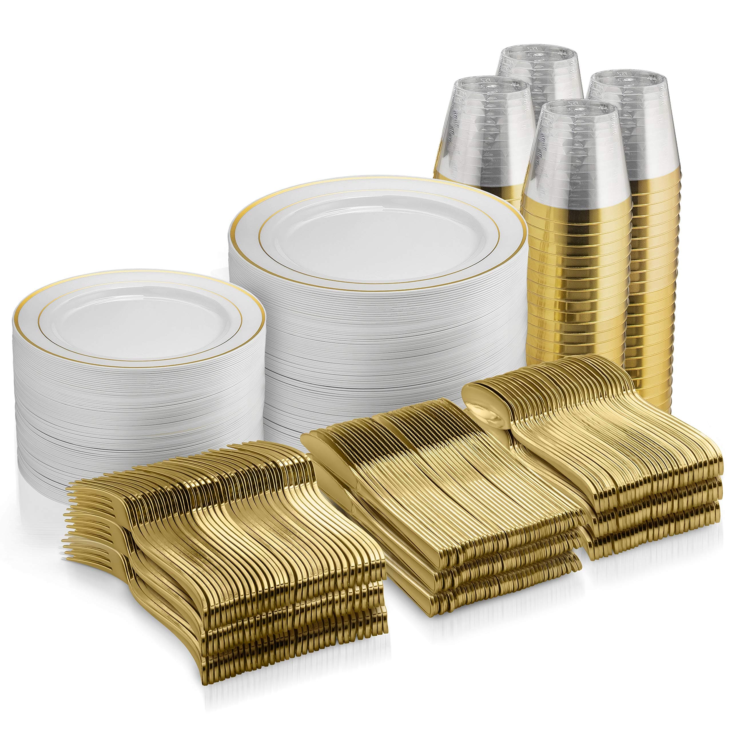600 Piece Plastic Dinnerware Set, Disposable - 100 Gold Rimmed 10" and 7" Plates, 300 Silverware, 100 Cups for 100 Guests