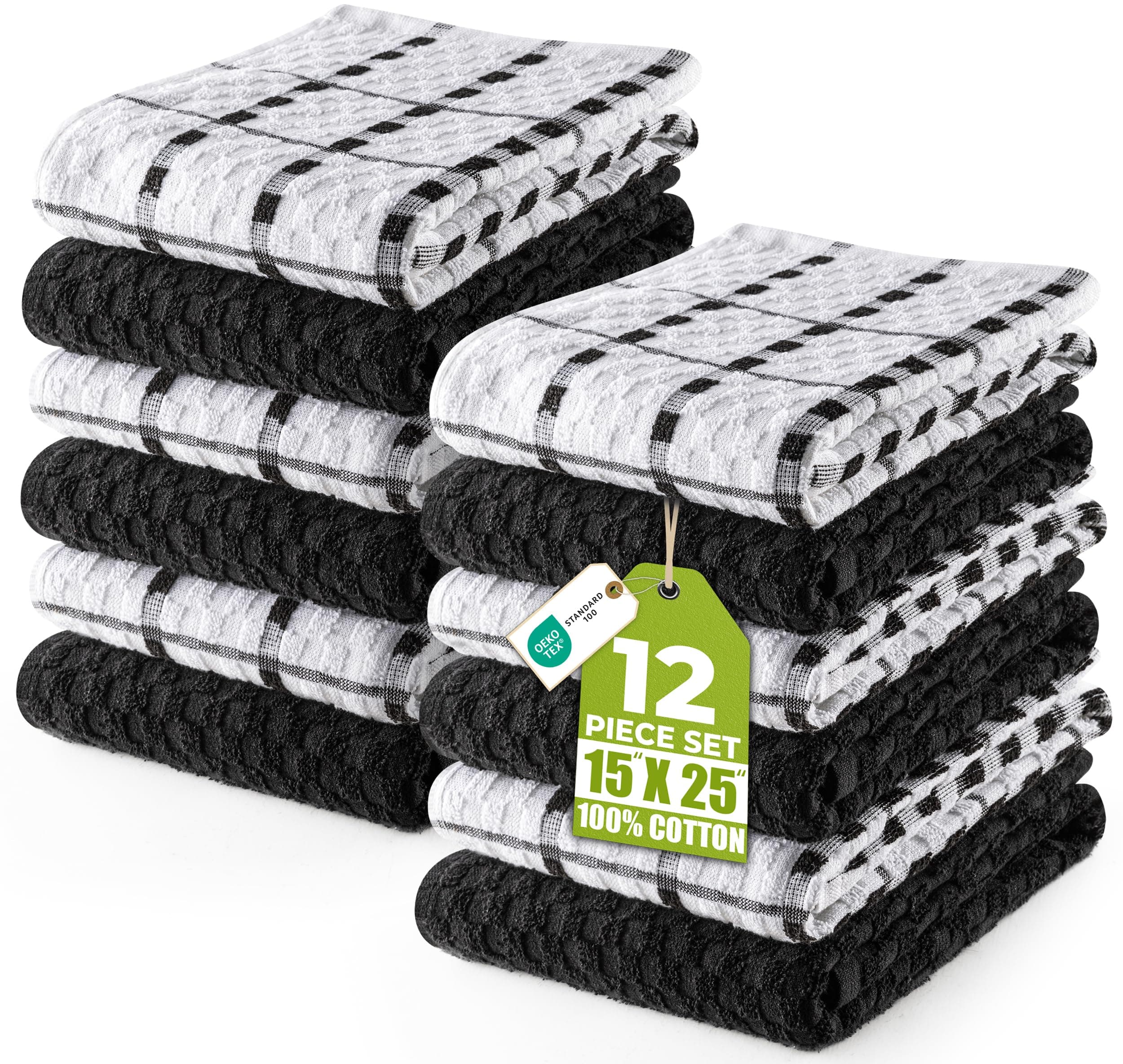 Utopia Towels - Kitchen Towels 12 Pack, 15 x 25 Inches, 100% Ring Spun Cotton Super Soft and Absorbent Linen Dish, Tea and Bar Towels Set, Black