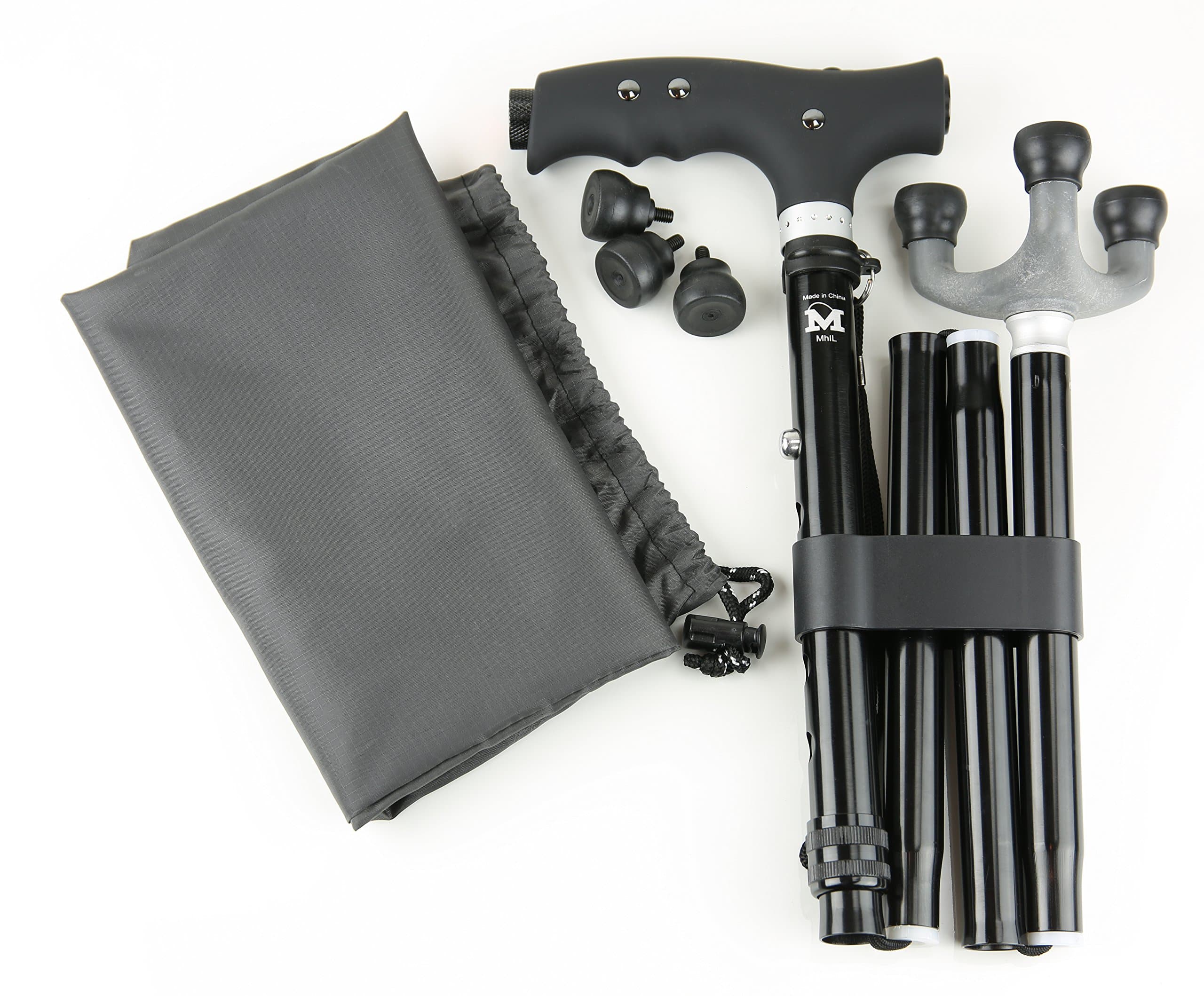 MhIL(R) Collapsible Walking Cane With LED - Folding Walking Stick With Rubber Ergonomic Handle- Freestanding Tripod Tip Design- Divided In 5 Sections- 3 Replacement Rubber Tips&Carrying Pouch Included