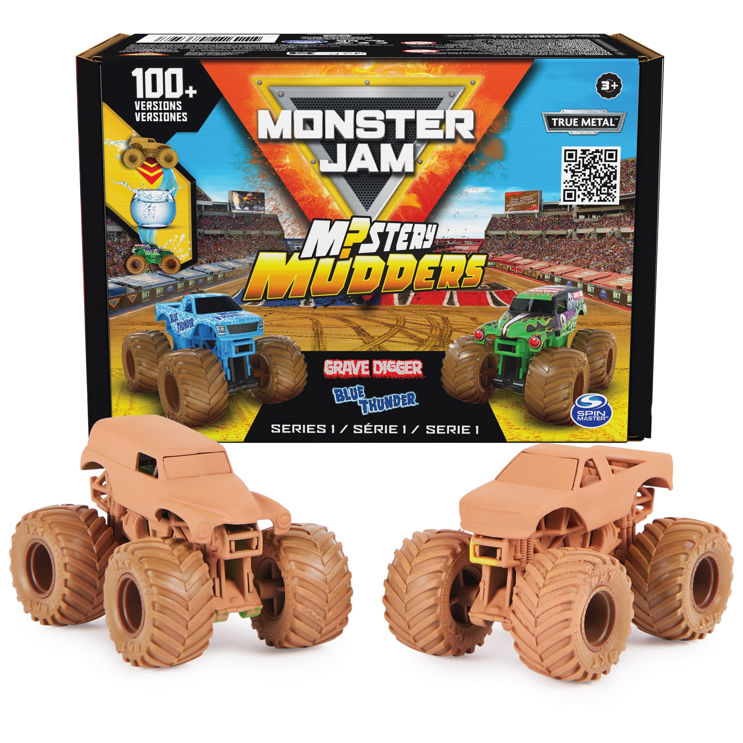 Mystery Mudders 2-Pack, Official Grave Digger and Blue Thunder Die-Cast Monster Trucks, Wash to Reveal, 1:64 Scale Die Cast (Styles Will Vary)