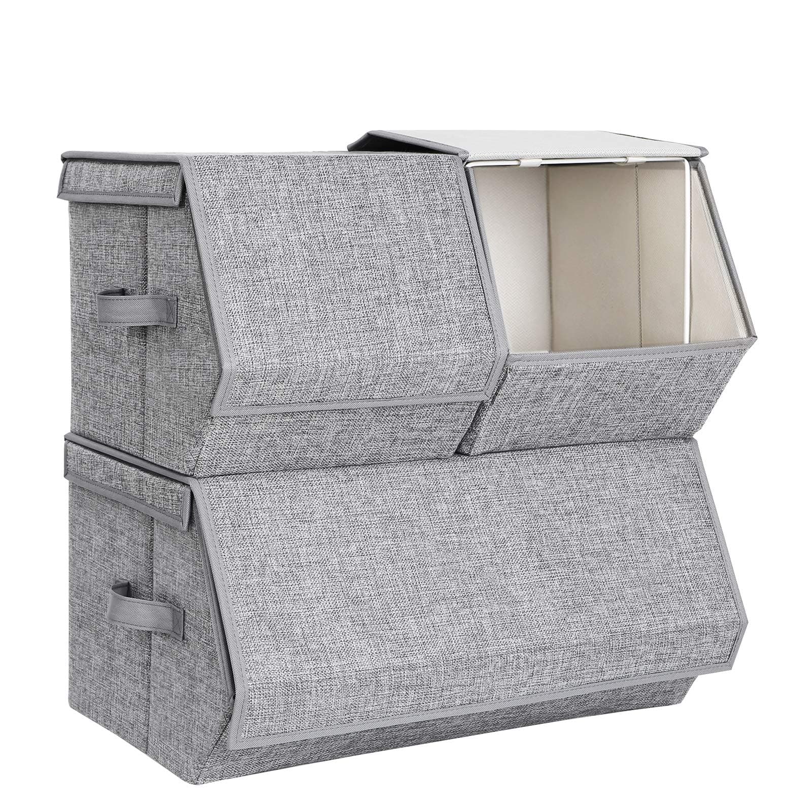 SONGMICS Stackable Storage Box with Lid, Set of 3, Toy Organiser, Metal Frame, Magnetic Closure, for Clothes, Toys and Books, Grey RLB12GY