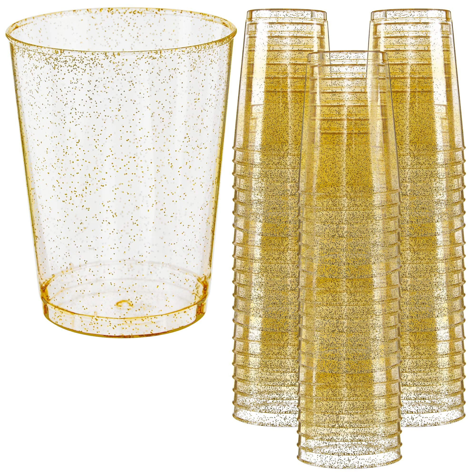 Glitter Disposable Cups | 10 oz. 50 Pack | Clear Plastic Cups | Gold Glitter Plastic Party Cups | Disposable Plastic Wine Glasses for Parties | Plastic Cocktail Glasses | Wedding Holiday Tumblers