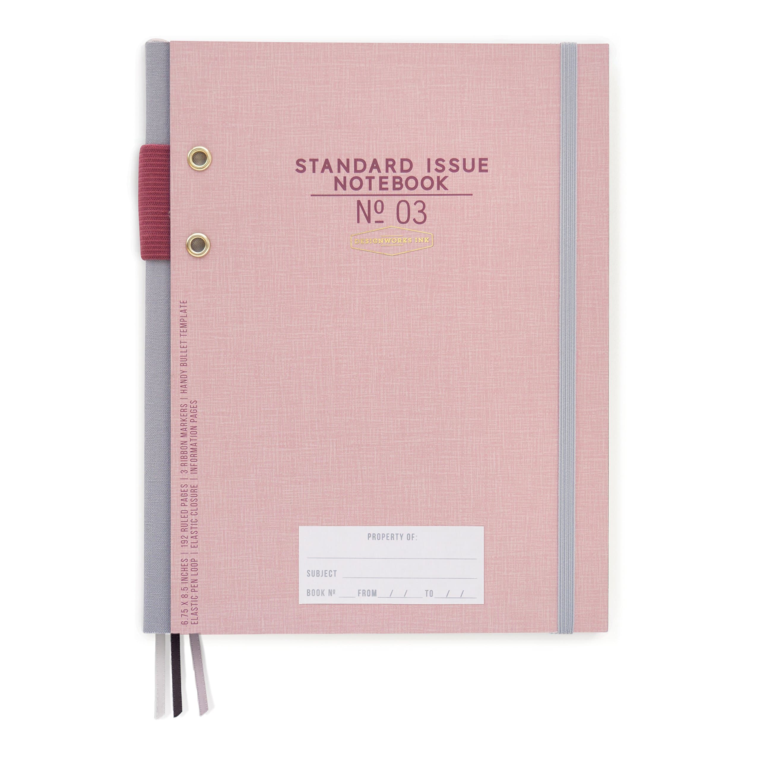 DesignWorks InkStandard Issue Pink Planner Notebook No. 3 Journal with Lined Pages, Elastic Closure, Pen Holder, and 3 Ribbon Marker for Work, Writing, Journaling, 6.75" x 8.5"