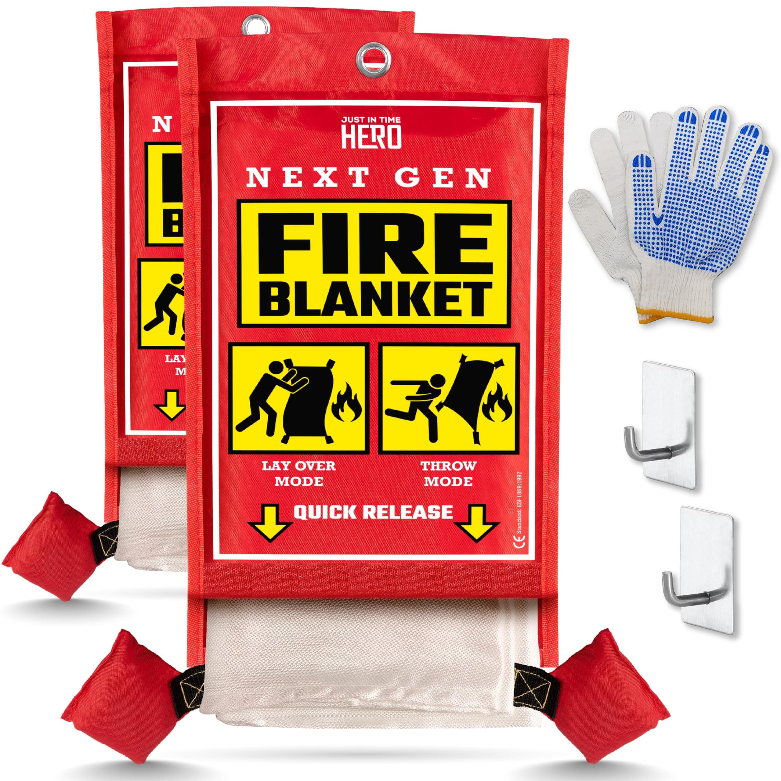 Emergency Fire Blanket for Home & Kitchen, Office/Outdoors - The Only Throwable Blanket with Weighted Corners, Fire Extinguisher Blanket, Includes Fireproof Gloves & Hang Hooks (2)