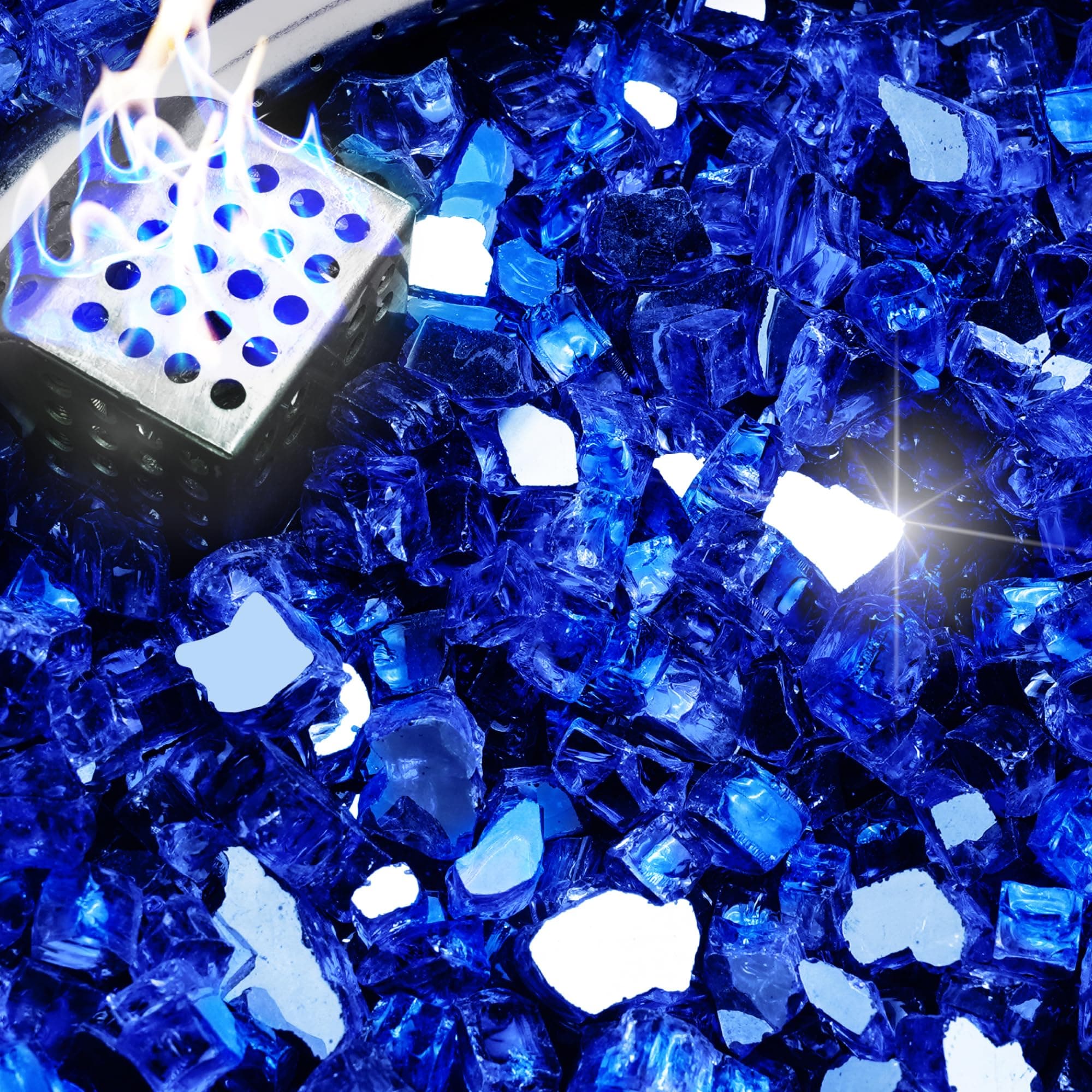 NUPICK 5 Pound Fire Glass, 1/2 Inch Reflective Fire Pit Glass, Tempered Firepit Glass Rock for Propane or Natural Gas, Glass Rocks for Fire Pit Table, Fireplace Glass for Landscaping, Blue