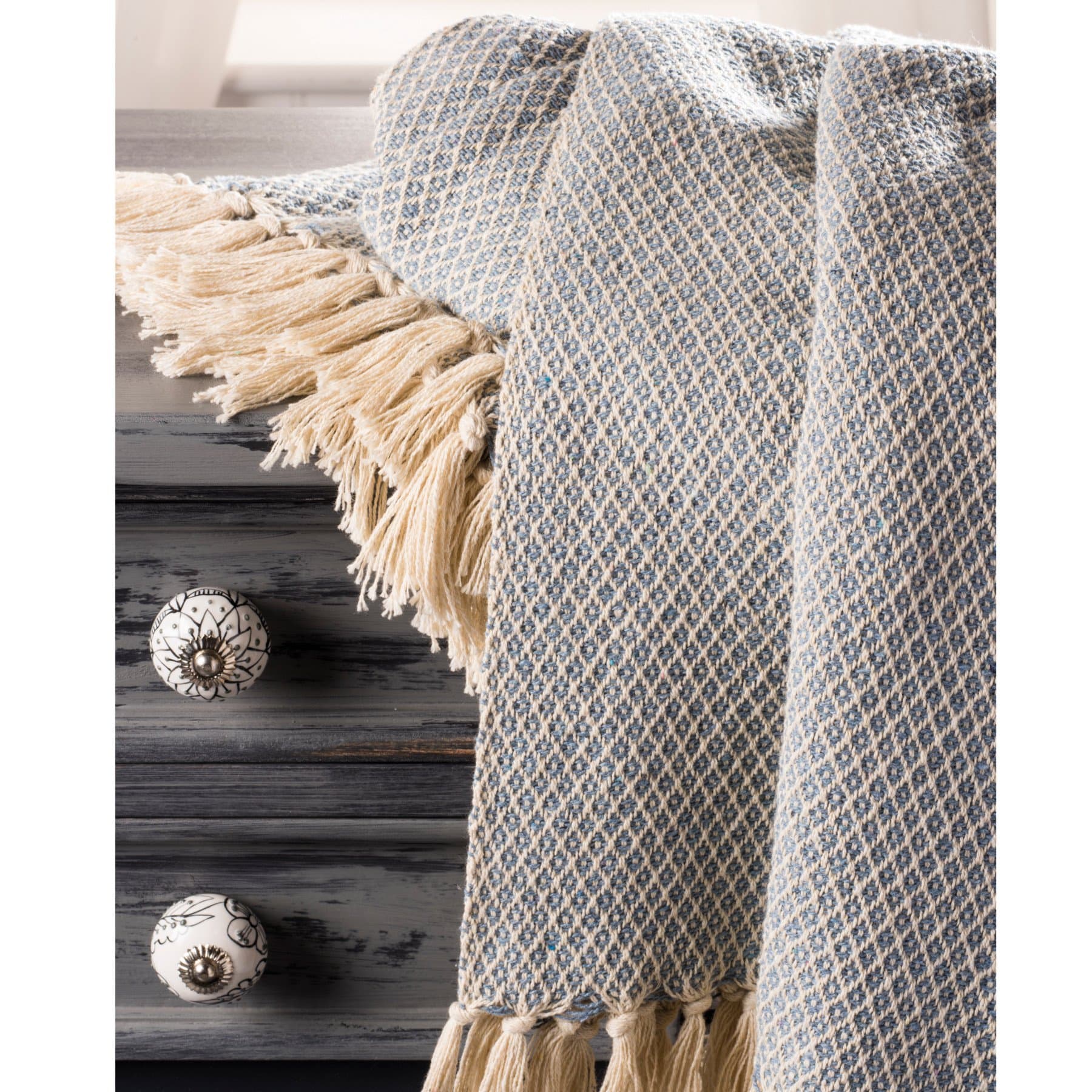 Fair Trade Soft Hand Woven Bedspread Settee Sofa Throw Blue Diamond Pattern 100% Cotton 225 X 250cm BS8