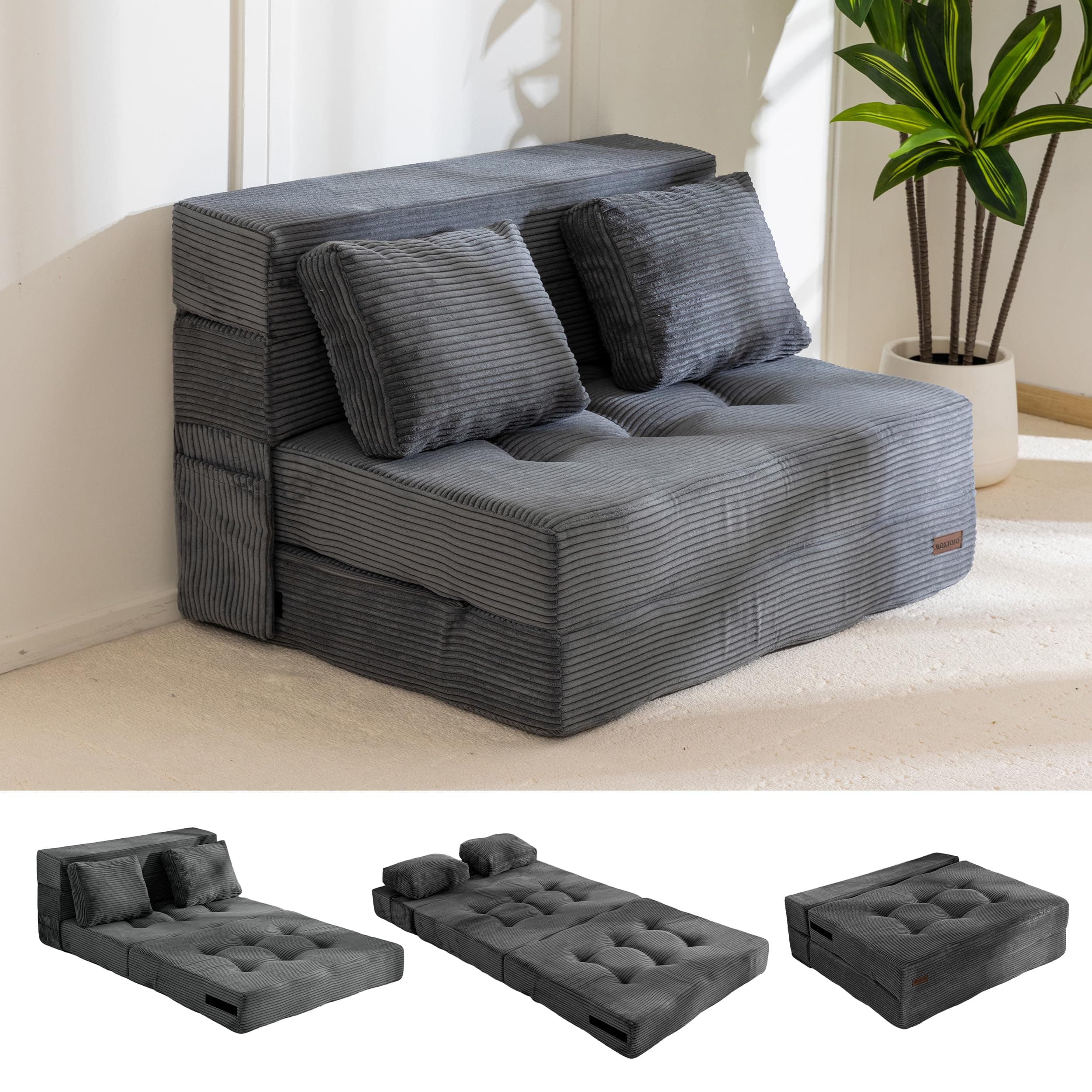 MAXYOYO Convertible Sofa Bed, Fold Out Loveseat Sleeper Sofa with Pillow, 4 in 1 Tufted Folding Couch Bed Foam Floor Couch, Lazy Chair for Living Room Bedroom Guest Room, Dark Grey