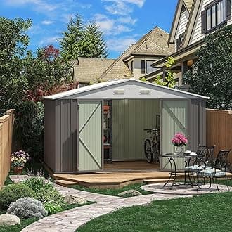 Greesum 10×8 FT Outdoor Storage Shed, Metal Storaged Sheds Without Floor, Tool Sheds with Lockable Doors and Slooping Roof for Garden, Patio, Backyard, Gray