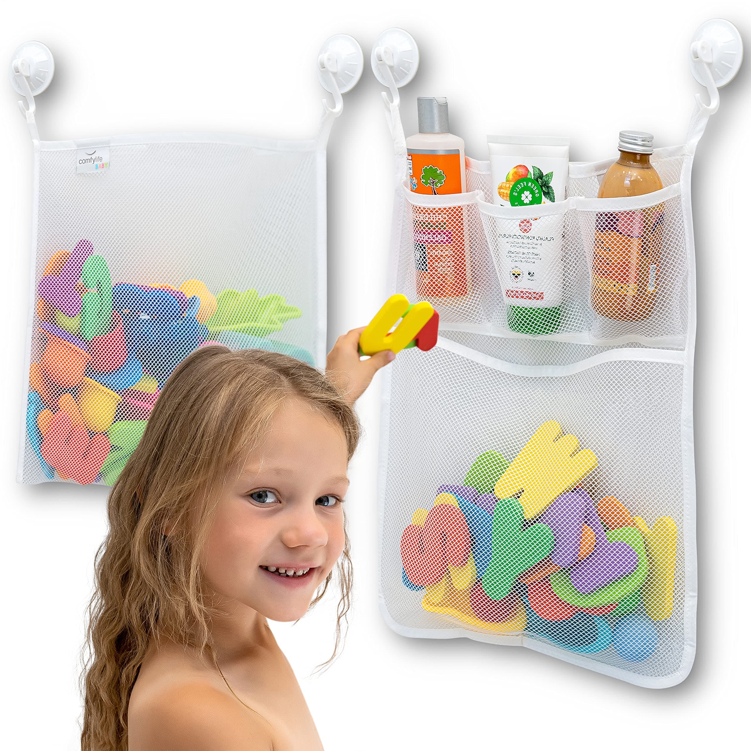 2 x Mesh Bath Toy Organizer + 6 Ultra Strong Hooks - The Perfect Net for Bathtub Toys & Bathroom Storage - These Multi-Use Organizer Bags Make Bath Toy Storage Easy - For Kids, Toddlers & Adu