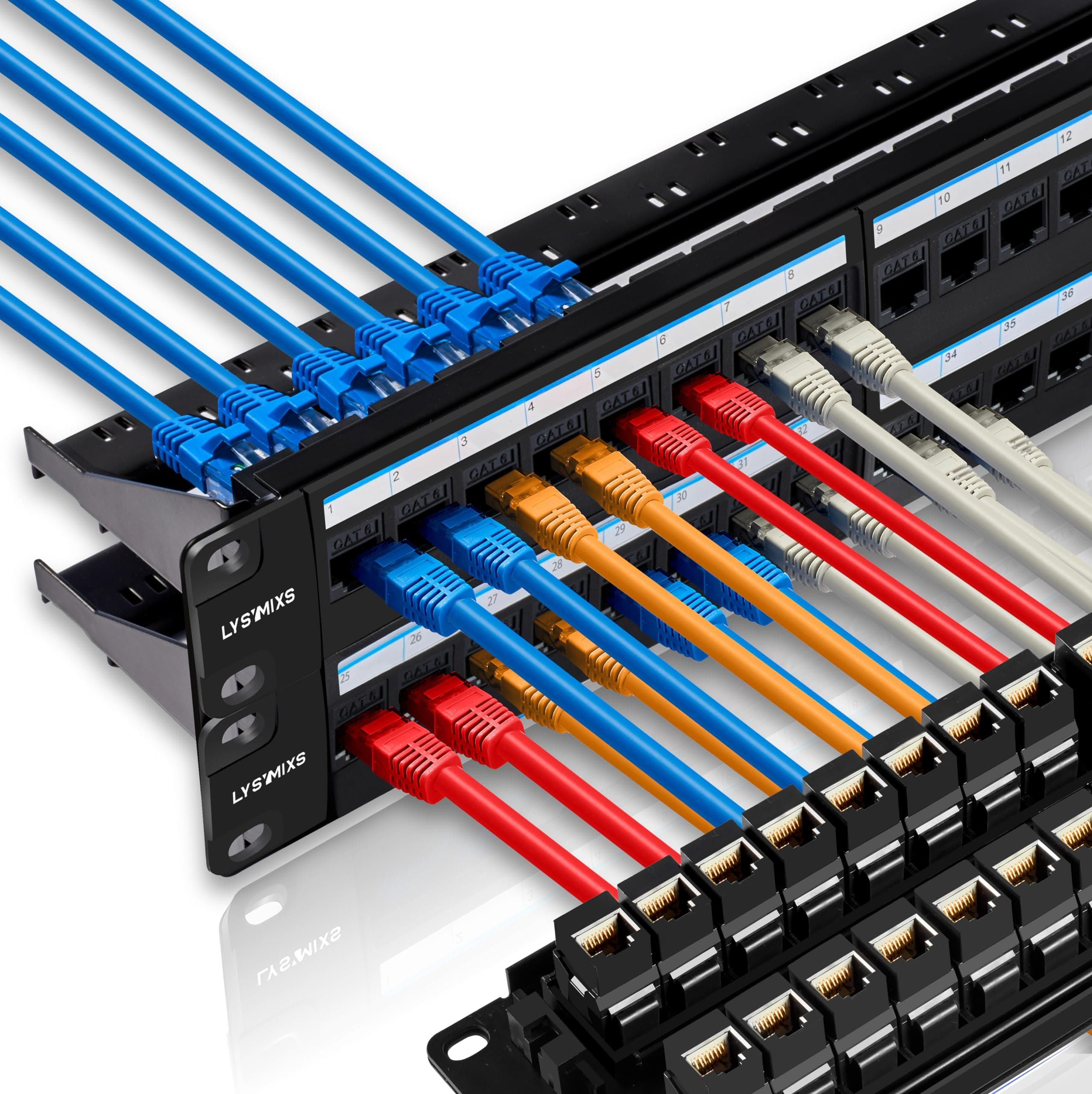 48 Port RJ45 Cat6 Patch Panel, 19 Inch, Black, Easy Install & Repair, Gold Plated Keystone, Rack Mountable