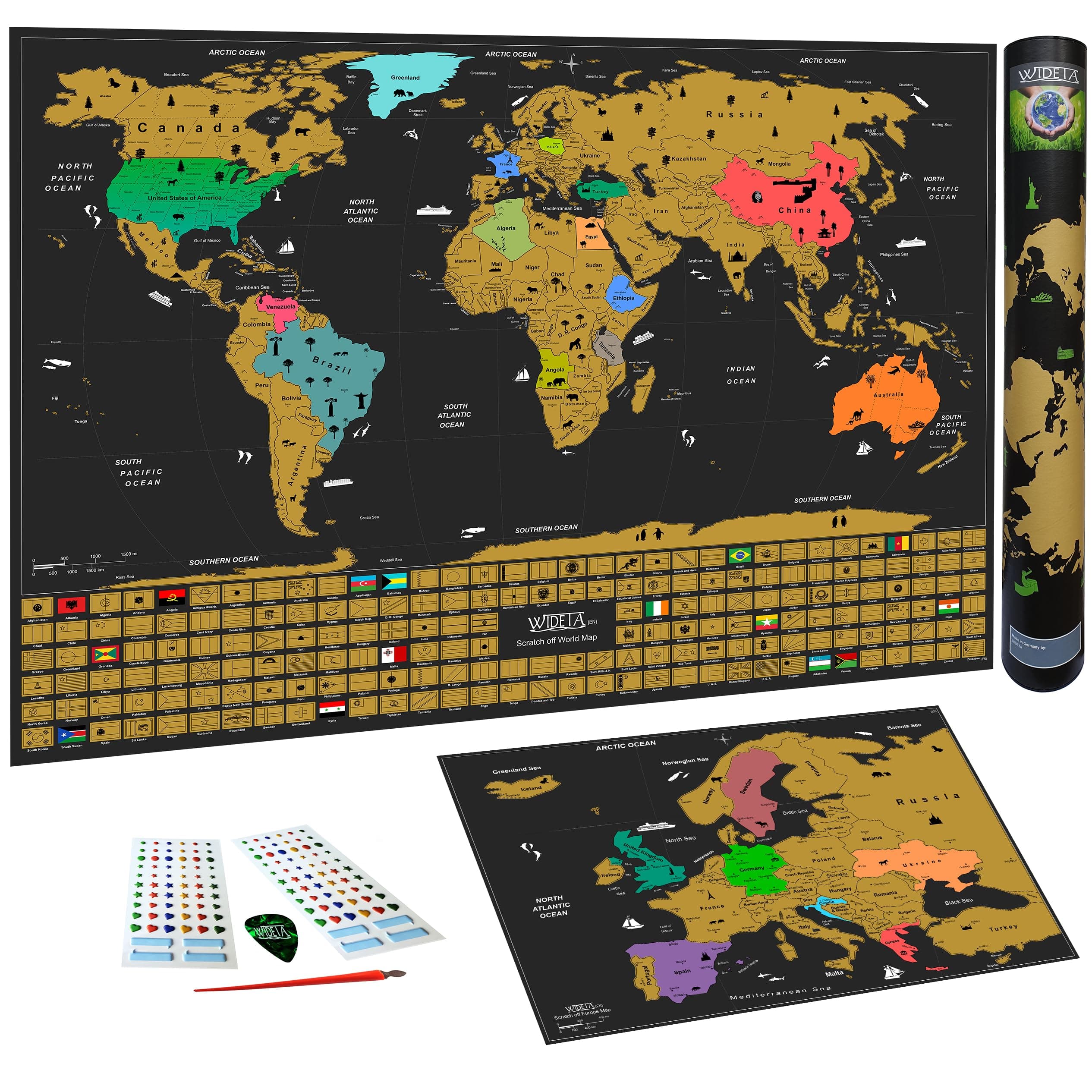 WIDETA Scratch off world map with flags of countries (60 x 42 cm)/ Including Europe Map and accessories