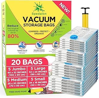 20 Space Saver Vacuum Storage Bags for Clothes, Blanket, Comforter, Bedding, Pillow, Mattress, Quilts (5x Jumbo, Large, Medium, Small) Moving Compression Sealer Bags with Hand Pump for Travel Packing