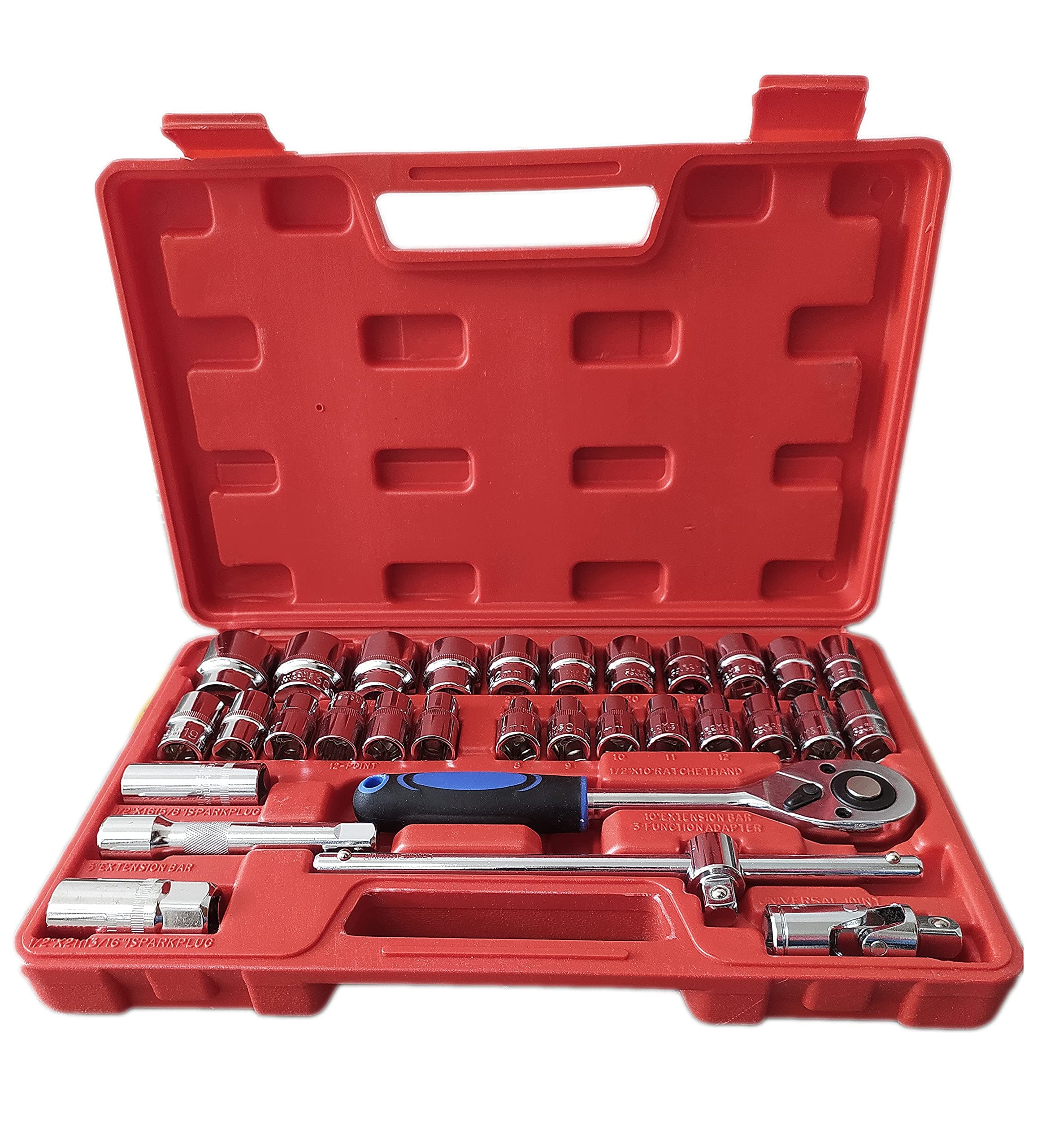 32Pcs 1/2" Drive Ratchet Socket Wrench Spanner Tool Kit | Heavy Duty Combination Socket Set with Carry Box for Car, Bike & Automobile Repair | Professional 32pc Tool Set (Red Box)