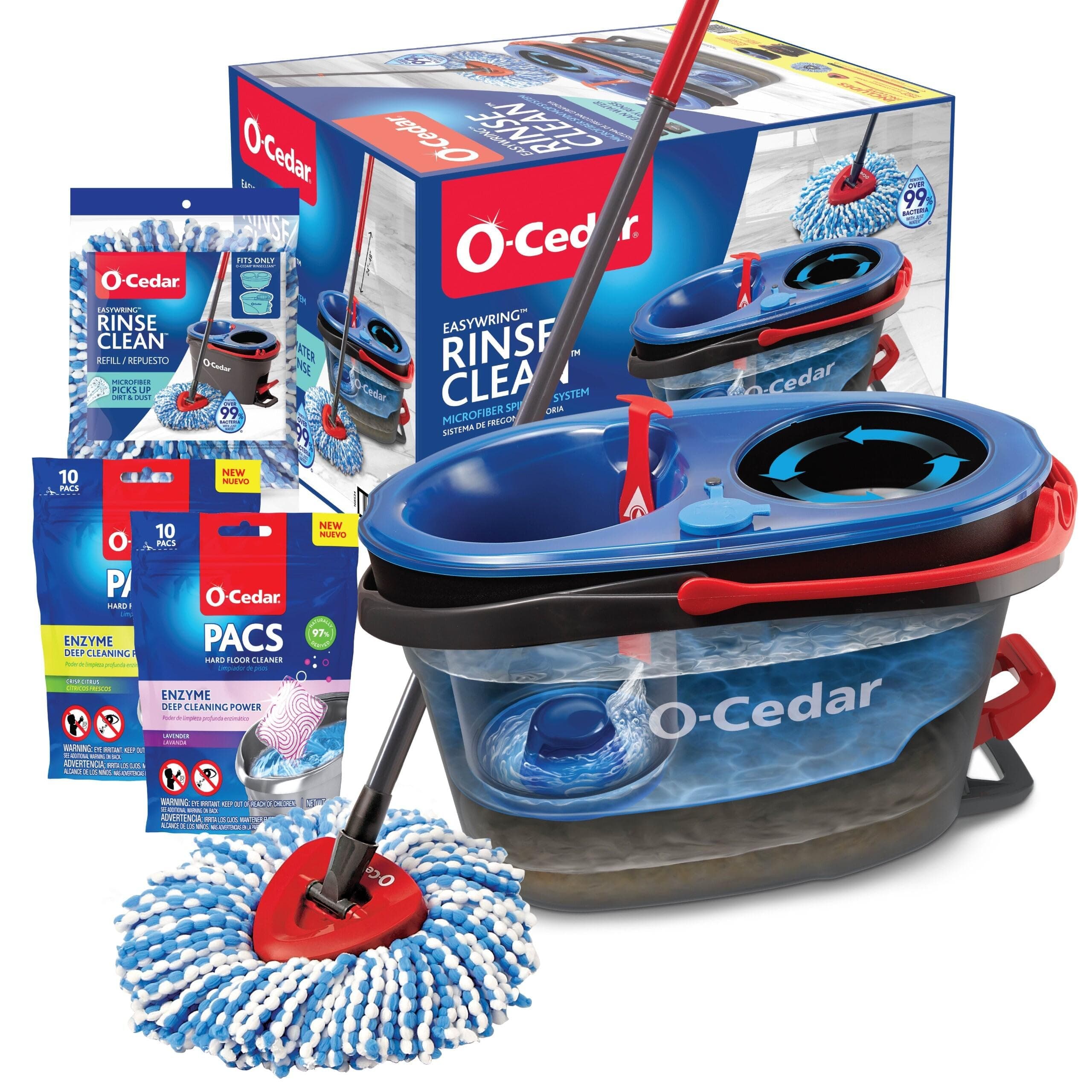 O-Cedar EasyWring RinseClean Microfiber Spin Mop & Bucket Floor Cleaning System with 1 Extra Refill with Citrus and Lavender Pacs (Variety Pack)