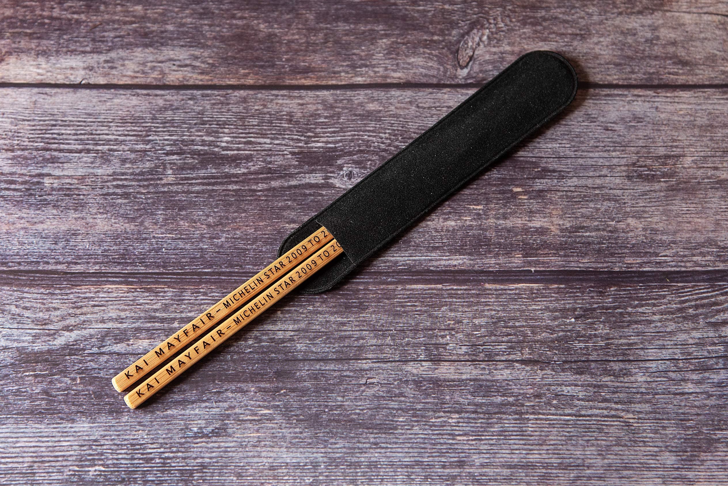 Personalised Engraved Bamboo Chopsticks, with Black Felt Pouch.