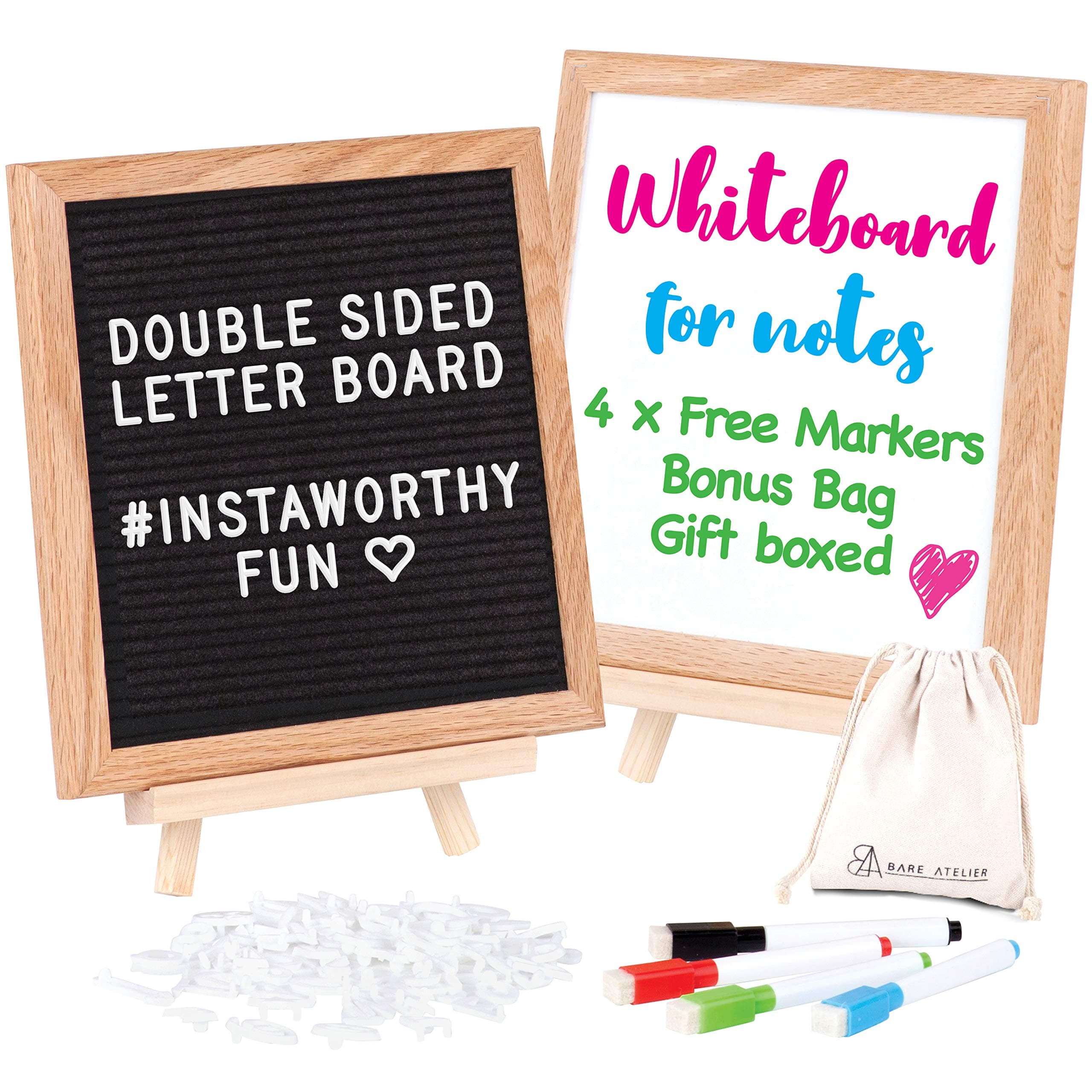 Letter Board White Board Double Sided - 2 in 1 Felt Letter Board with Stand - Felt Boards with Letters - 10x10 Black Letter Board, Mini White Board, 340 Characters, Wall Mount to Hang by Bare Atelier
