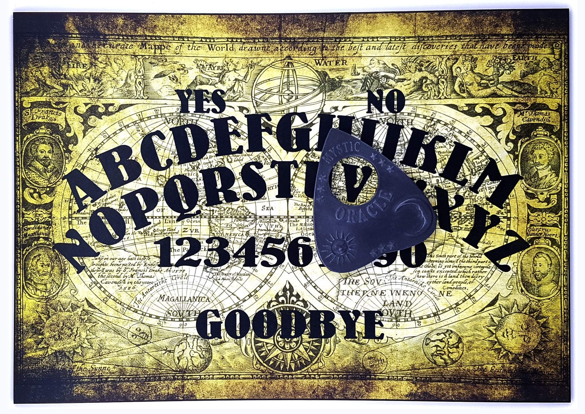 Hand Finished A4 Sized Wooden Olde Worlde Talking Board Set Complete with Mystic Oracle Planchette, Ouija Style Board with World Map Detailing