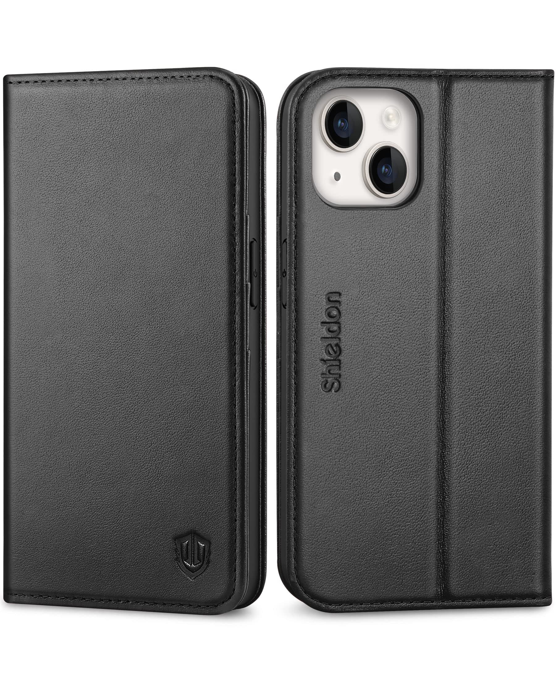 SHIELDON Wallet Case for iPhone 14 5G, Genuine Leather Flip Case with [Card Holder][RFID Blocking][Kickstand][TPU Shell] Protective Magnetic Folio Phone Case Compatible with iPhone 14 6.1" 2022, Black