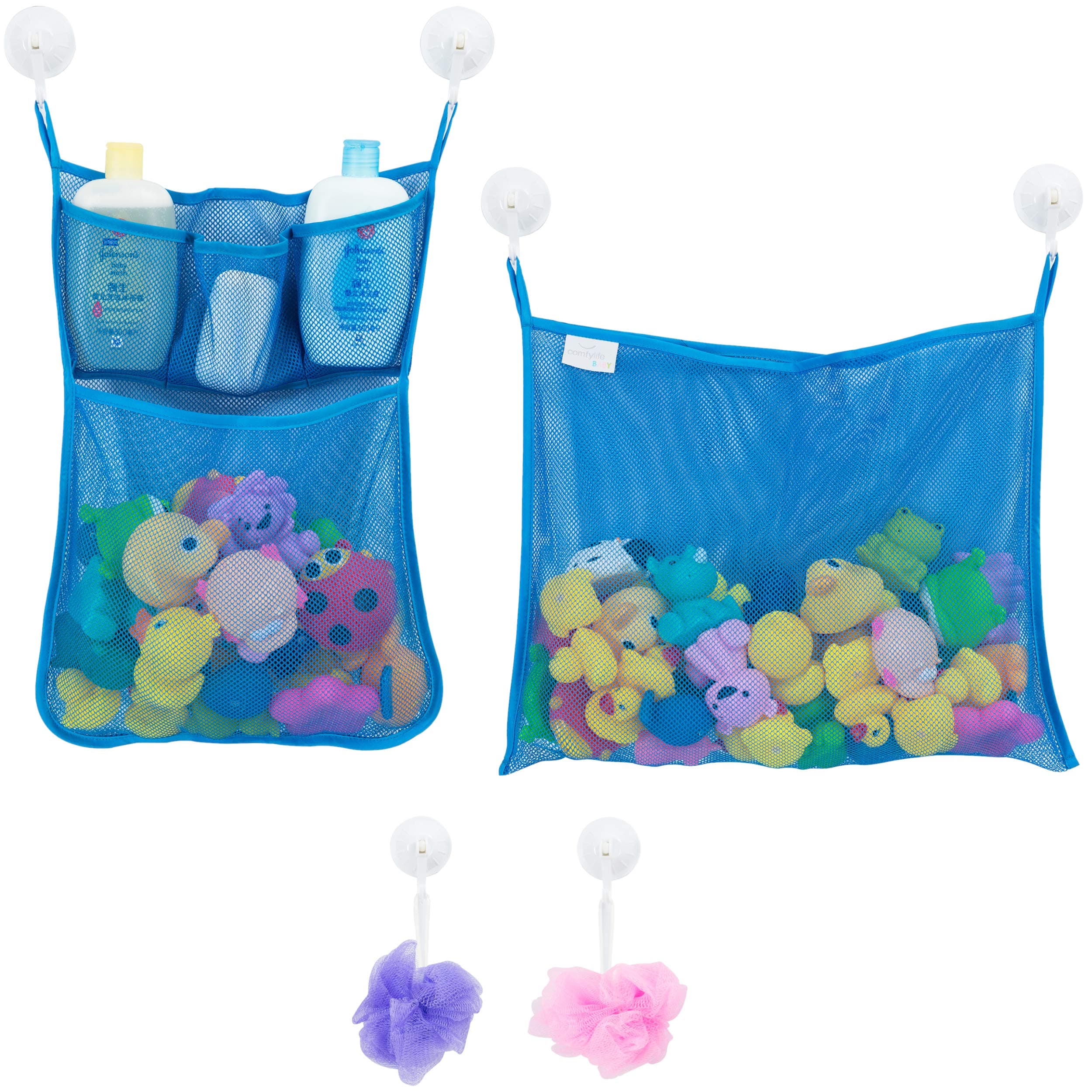 2 x Mesh Bath Toy Organizer + 6 Ultra Strong Hooks – The Perfect Bathtub Toy Holder & Bathroom or Shower Caddy – These Multi-use Net Bags Make Baby Bath Toy Storage Easy – For Kids & Toddlers