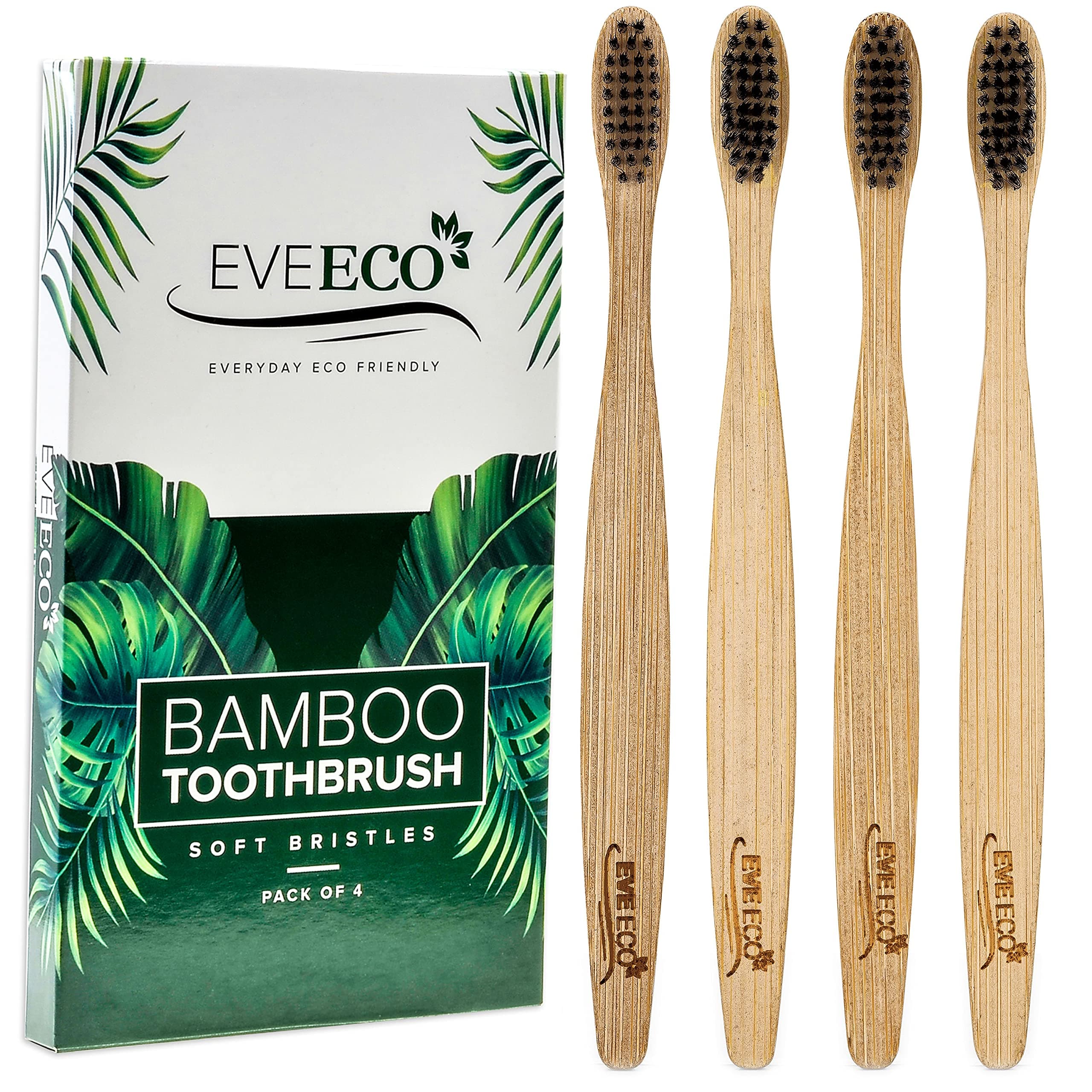 4 Count I Bamboo Toothbrush I Soft Bristles Best for Sensitive Gums I Charcoal I Vegan I Natural Wood I BPA Fee I Recyclable I Compostable I Biodegradable | Environmentally Friendly