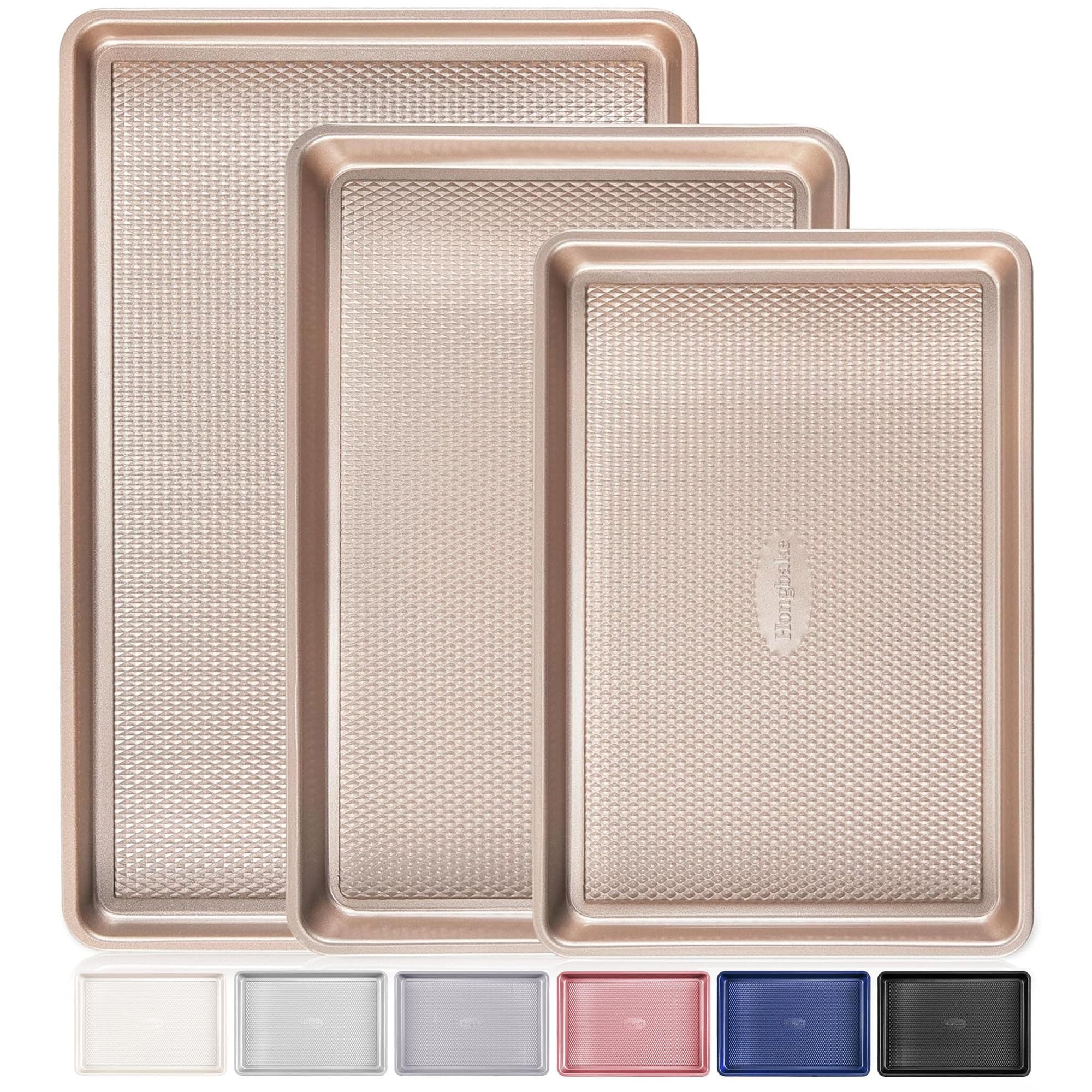 HONGBAKE Baking Sheet Pan Set of 3, Cookie Sheets for Oven, Nonstick Half/Quarter/Jelly Roll Pans with Diamond Texture Pattern, 0.8mm Thick Heavy Duty Cookie Tray, Champagne Gold