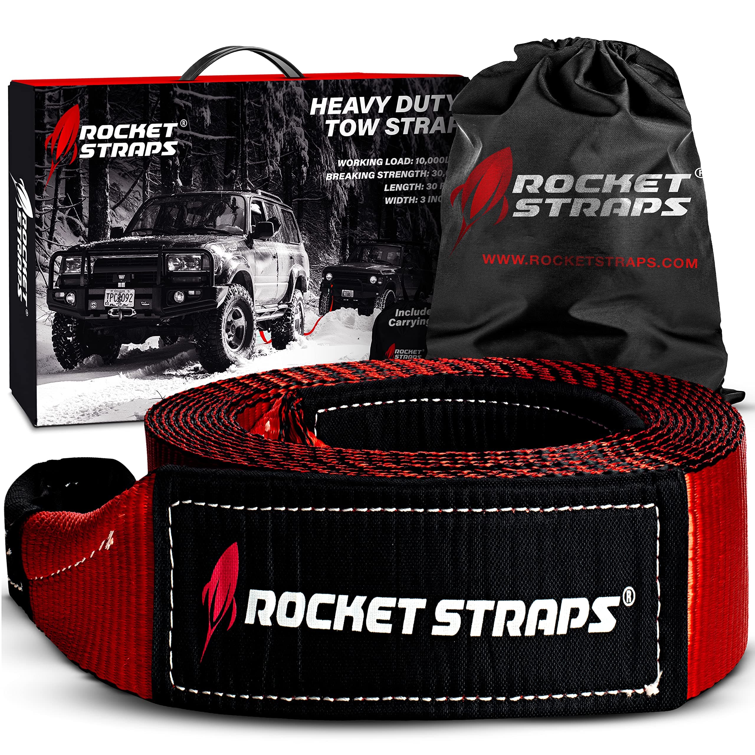 Rocket Straps - 3" x 30' Heavy Duty Tow Strap | 30,000 LBS Rated Capacity Recovery Strap | Vehicle Tow Straps with Protected Loop Ends | Emergency Off Road Truck Accessories Towing Rope | Storage Bag