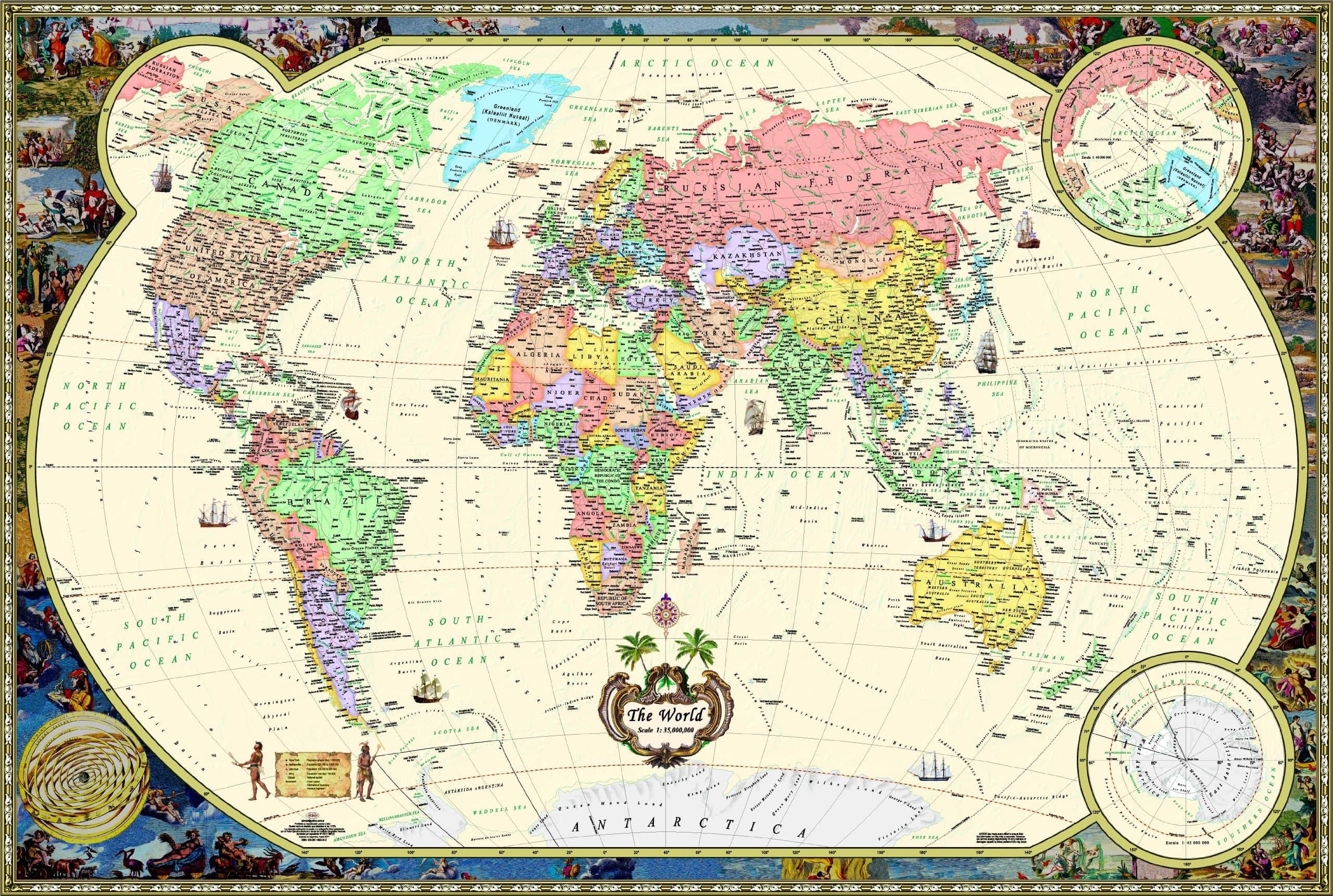 Antique Style World Wall Map (Wall Map, Laminated) (Illustrated World Map) (Map)