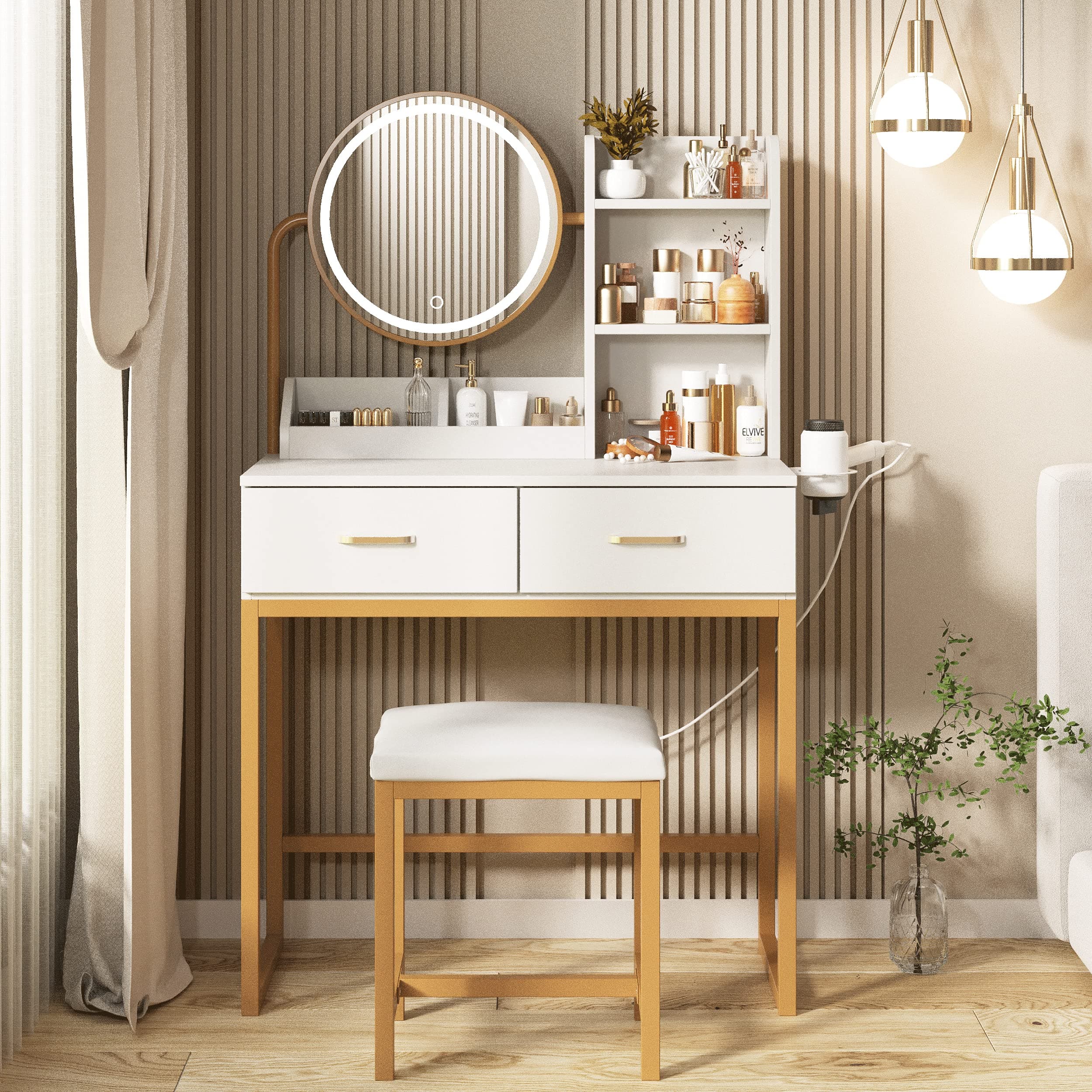 Makeup Vanity Desk with Round Mirror and Lights, White Vanity Makeup Table with Hair Dryer Rack, Small Vanity Table for Bedroom with Lots Storage, 3 Lighting Modes, 31.5in(L)