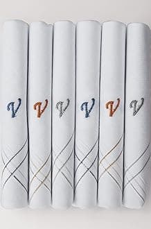 Men's Initial Monogram (A-Z) Embroidery 100% Pure Cotton Handkerchief White Base With Colored Border - Pack Of 6
