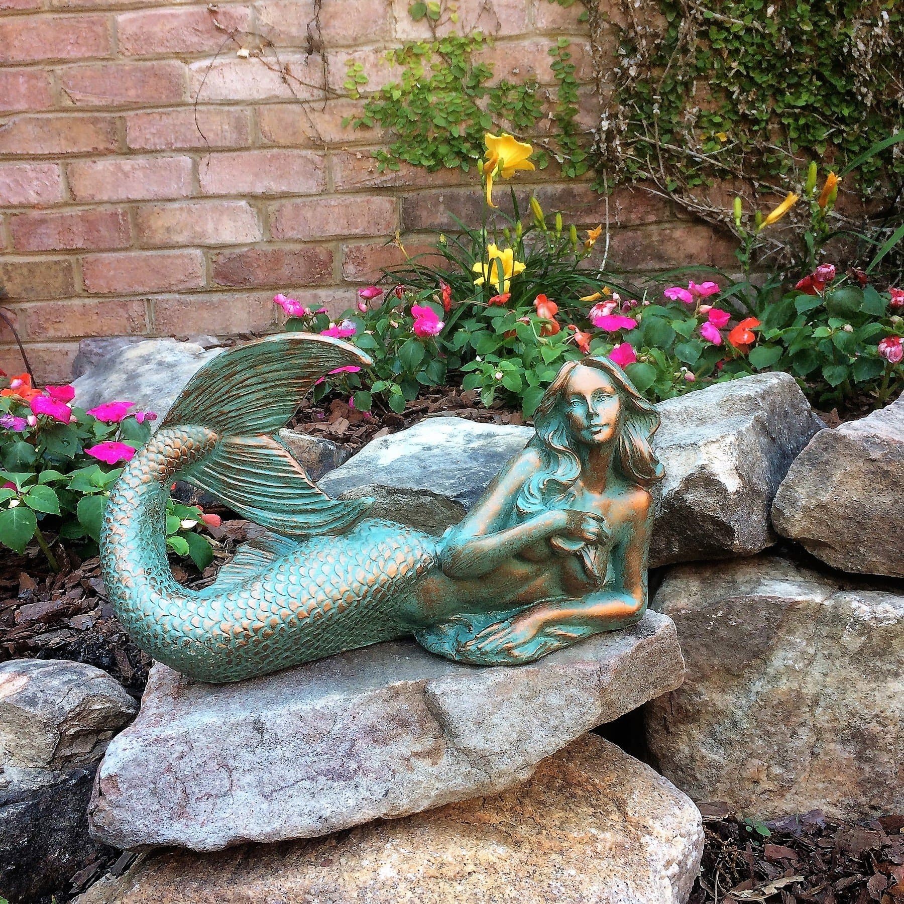 97031 Mermaid On Her Side with Table Top Base Bronze Patina Finish Beach and Pool Figurine Statue