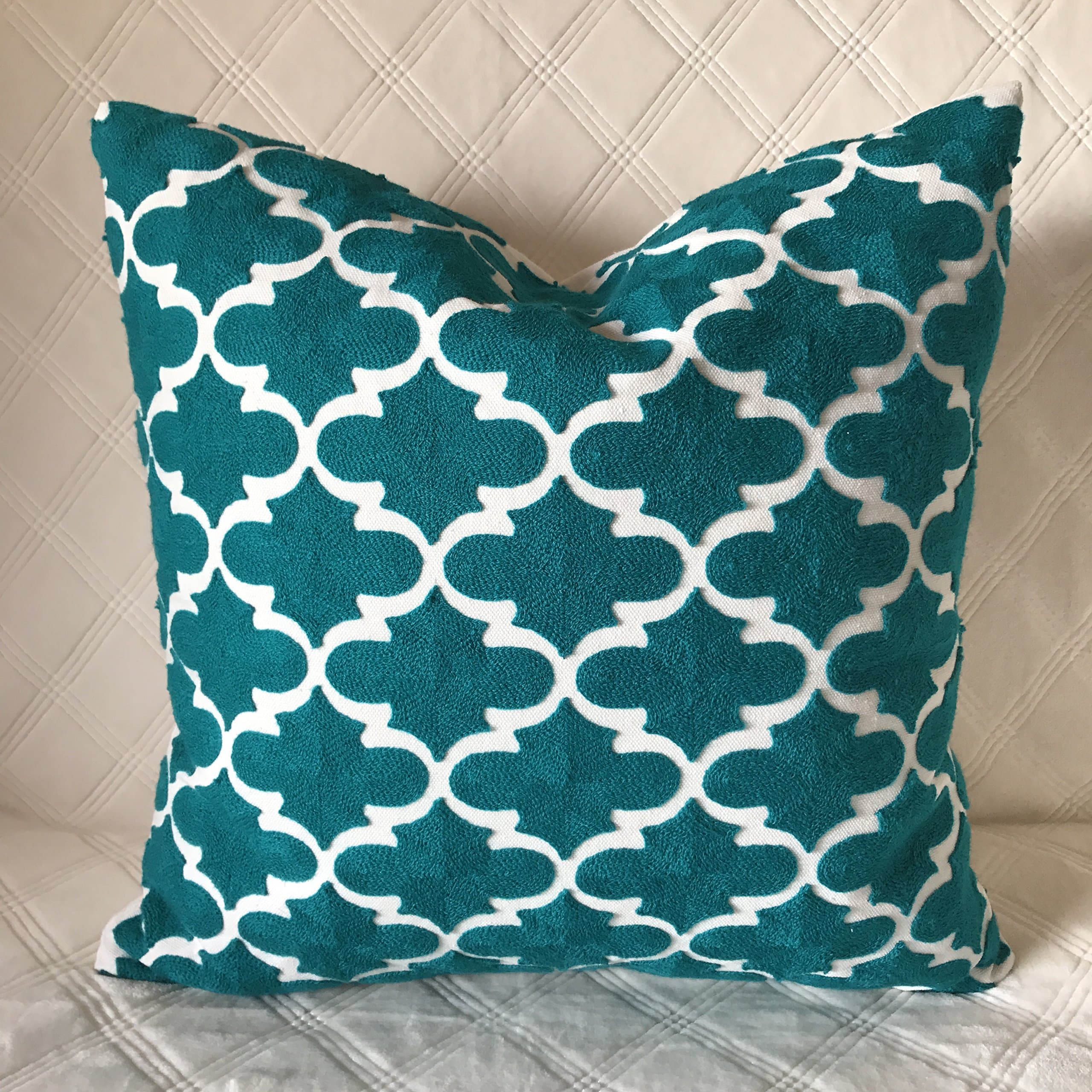 Plain Jane Embroidery Decorative Abstract Lattern Throw Pillow Cases 100% Cotton 1pc Sofa Pillows Cushion Covers for Bed 18inchx18inch Blue