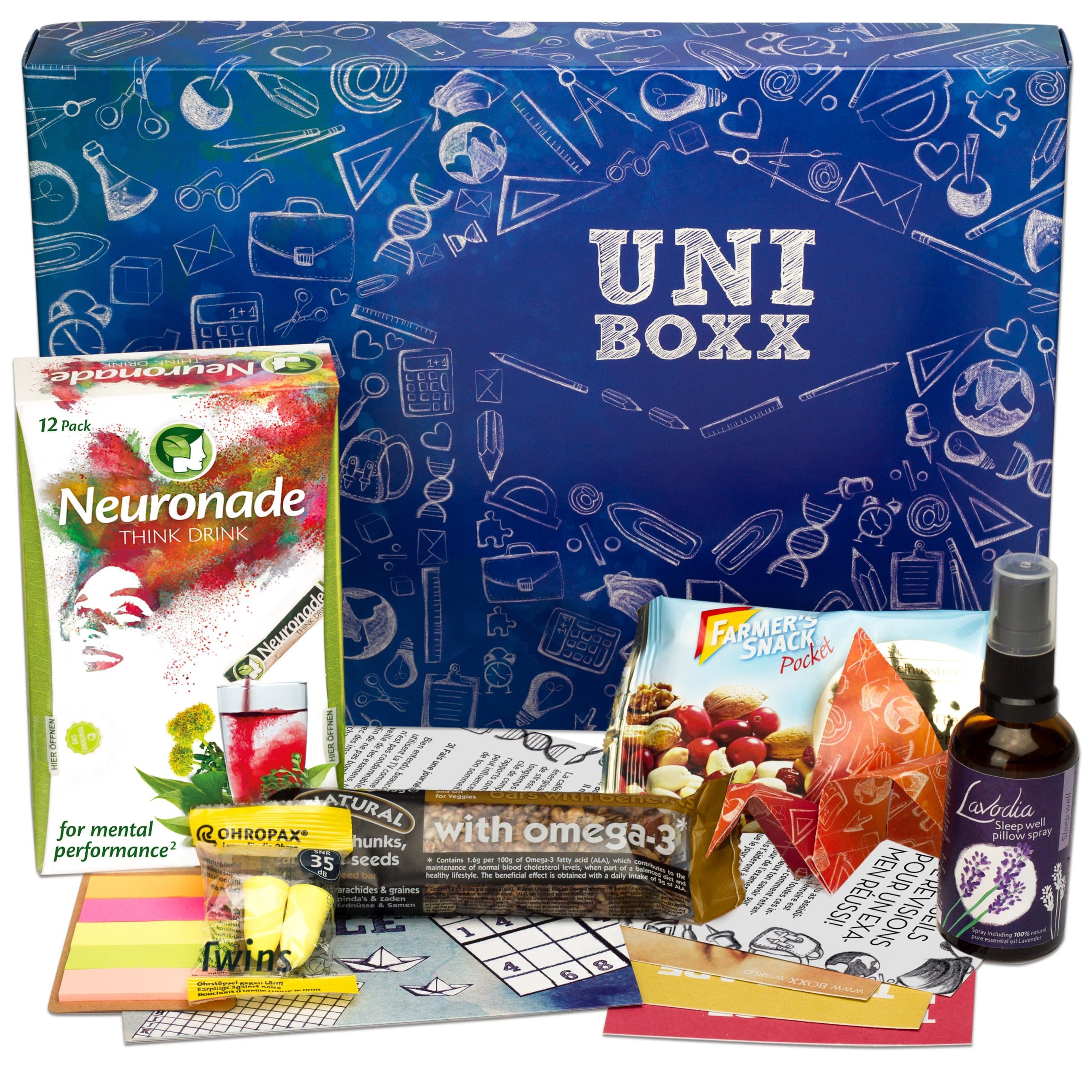 Uni-Boxx (13 Piece) - High-Quality Care Package for Students as Studying Motivation | With Trail Mix, Neuronade, Study Aids, Healthy Snacks, etc. | The Gift Box for Start of Uni & Exam Periods