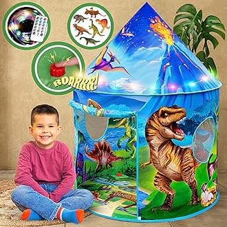 W&O Dino Paradise Play Tent with Roar Button, Dinosaur Toys and LED Lights - Epic Pop Up Tent for Boys & Girls - Perfect for Indoor & Outdoor Adventures