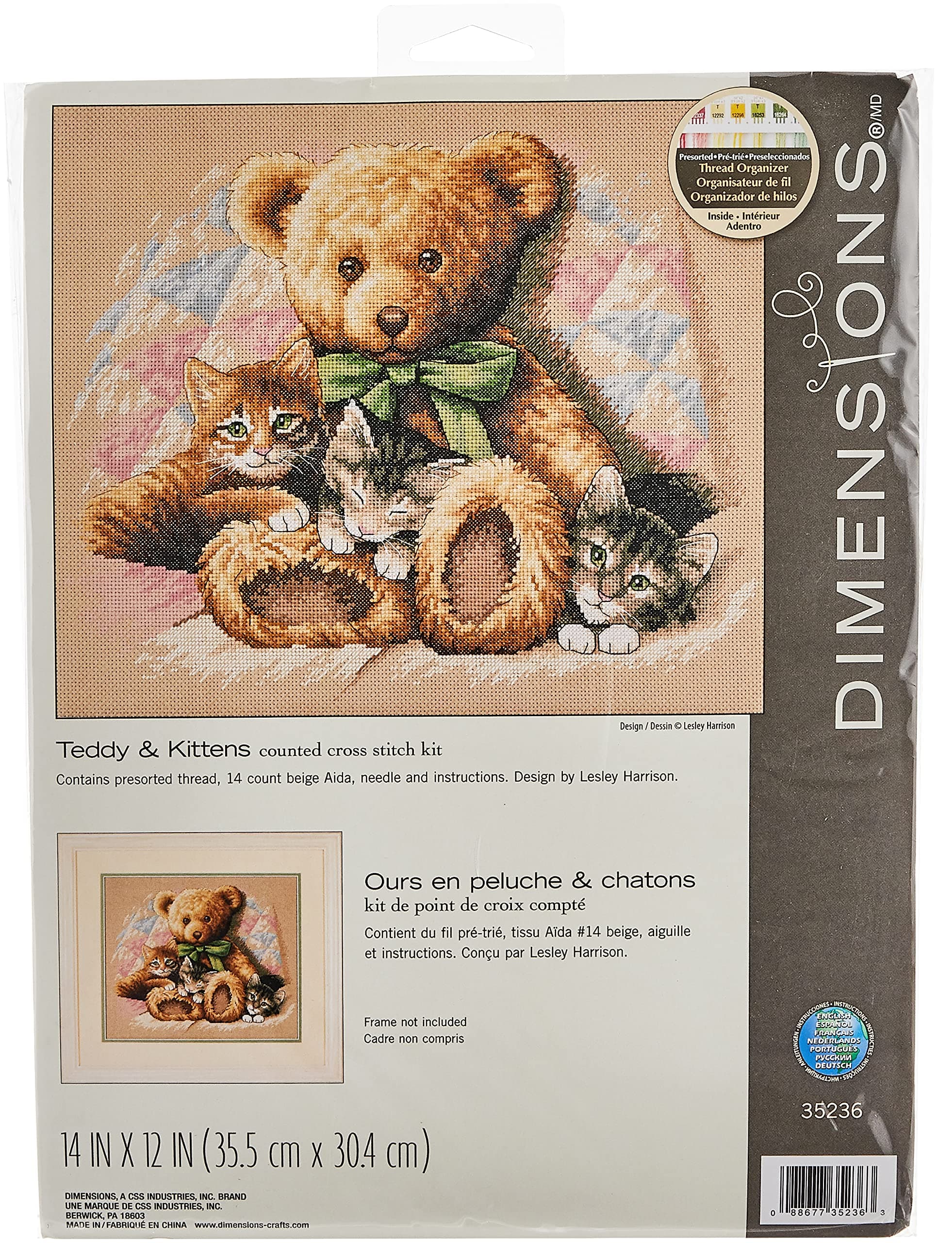 Dimensions 'Teddy & Kittens' Counted Cross Stitch Kit, 14 Count Beige Aida, 14" x 12"