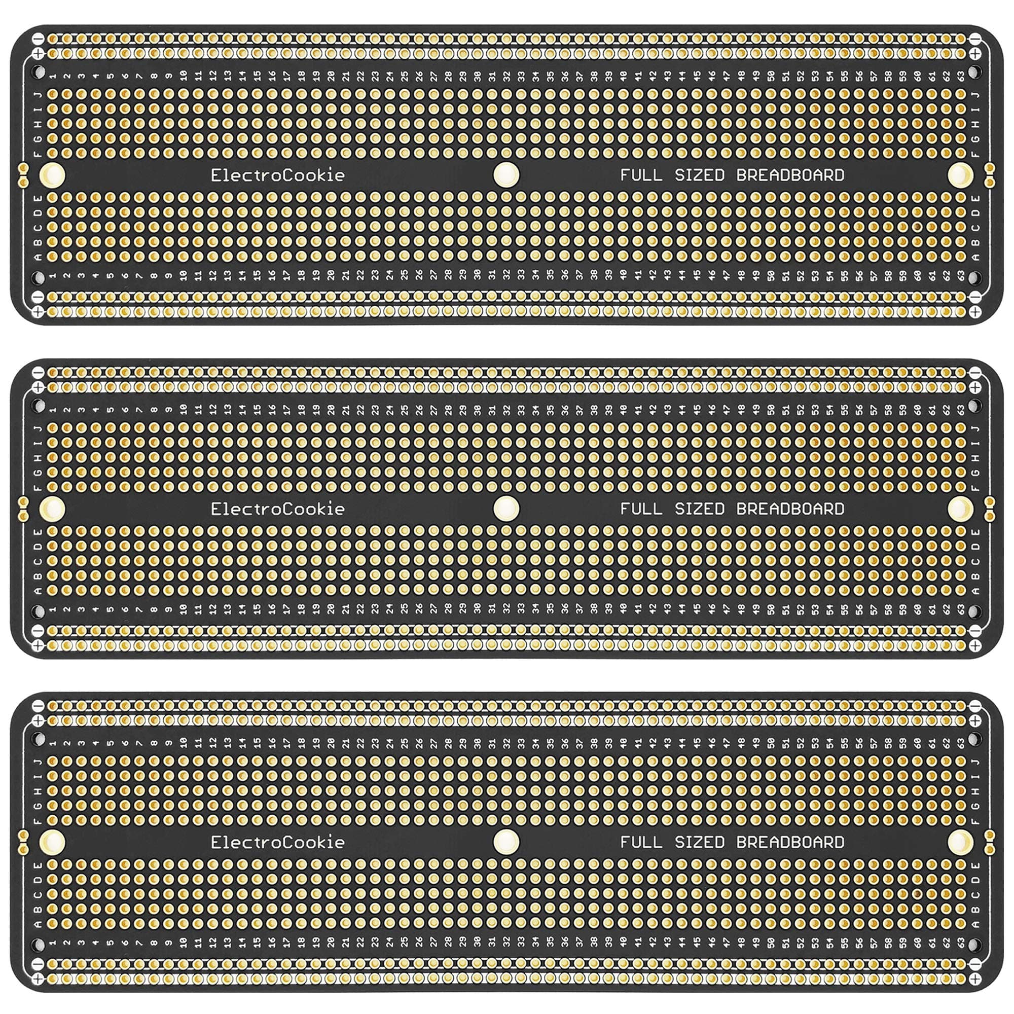 ElectroCookie PCB Prototype Board Large Solderable Breadboard for Electronics Projects Compatible for DIY Arduino Soldering Projects, Gold-Plated (3 Pack, Matte Black)