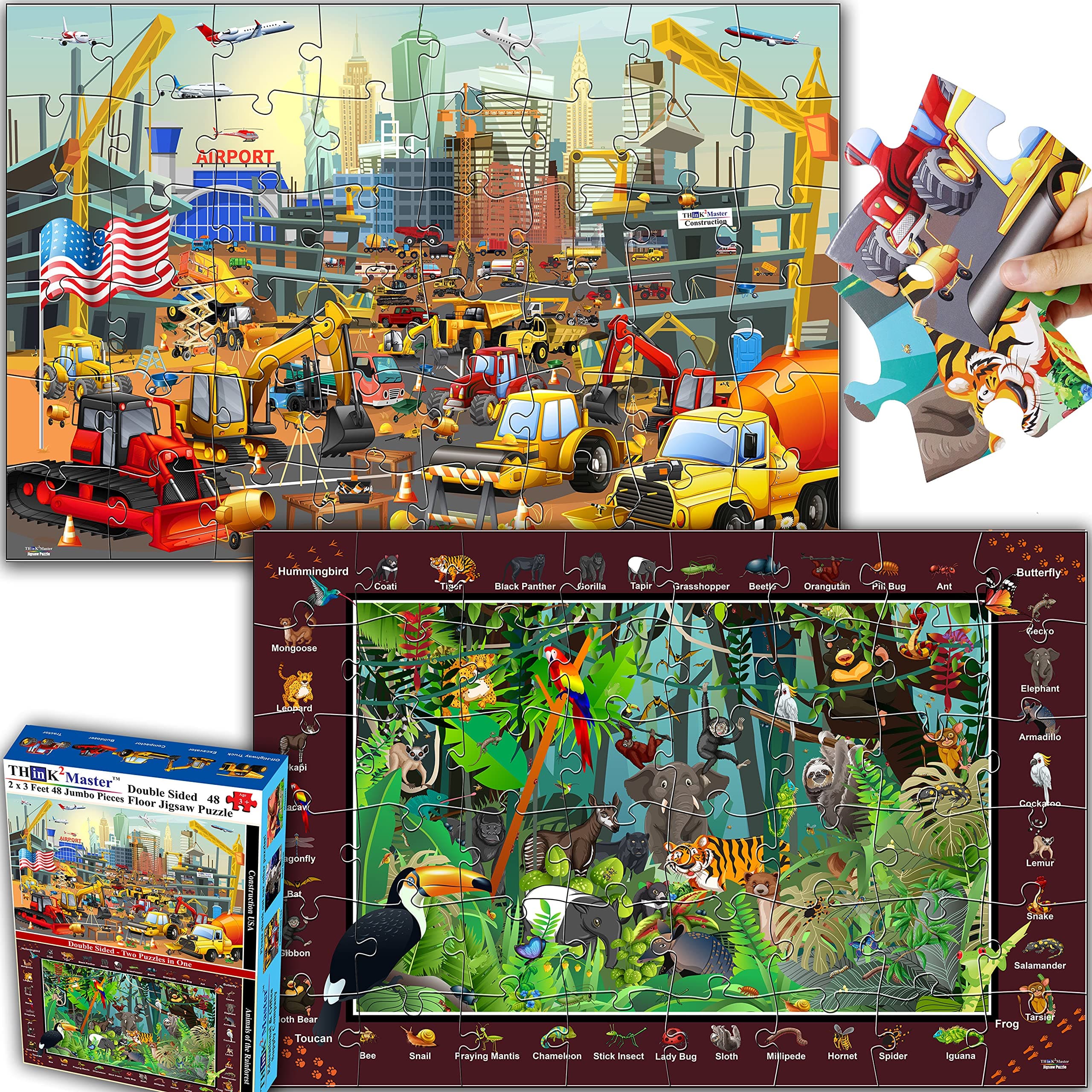THINK2MASTERConstruction USA & Rainforest Animals Floor Jigsaw Puzzle Double Sided 48 Jumbo Pieces (2 x 3 Feet) Fun Educational Toy for Kids, School & Families. Great Gift for Boys & Girls Ages 3-7