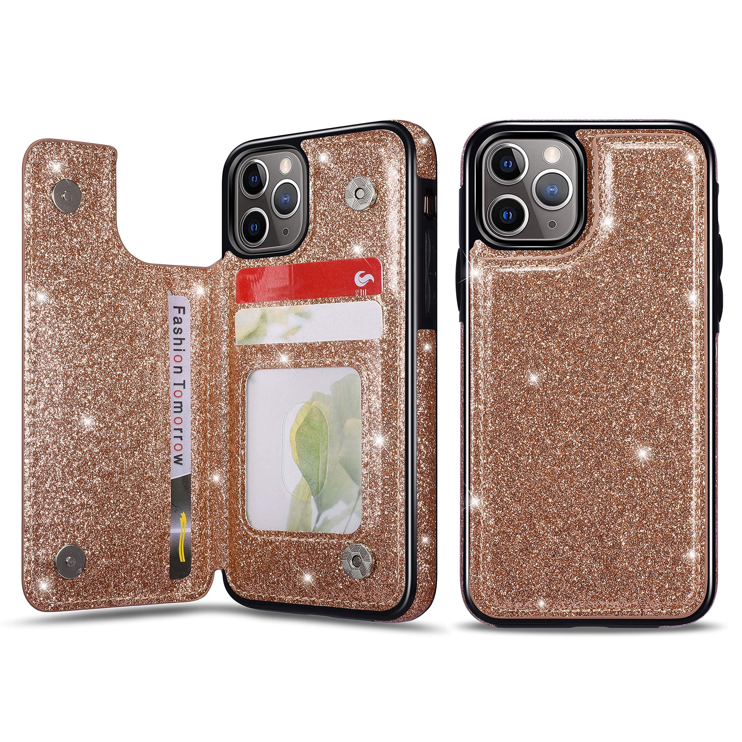 UEEBAI Case for iPhone 11 Pro, Premium Glitter PU Leather Case Back Wallet Cover [Two Magnetic Clasp] [Card Slots] Stand Function Durable Shockproof Soft TPU Case - Rose Gold#3